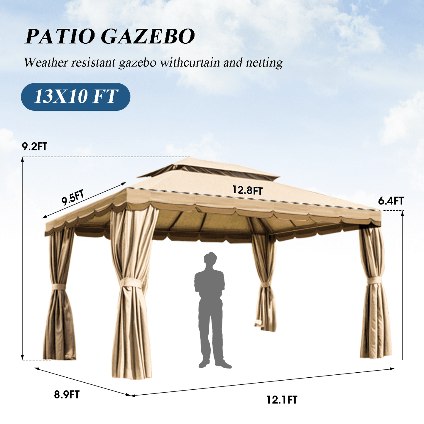 Grezone 10¡Á13 FT Deluxe No Screws Gazebo,Double Roof Outdoor Shelter Tent with Mosquito Nettings and Privacy Screens