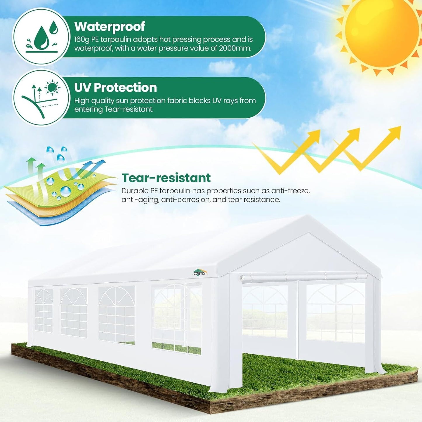 COBIZI 10x30ft Party Tent Heavy Duty, Wedding Tent, Event Tent for Parties, Carpas para Fiestas with 6 Removable Sidewalls, 10x30 Tent with Built-in Sandbag, UV50+, Waterproof, Carport, White