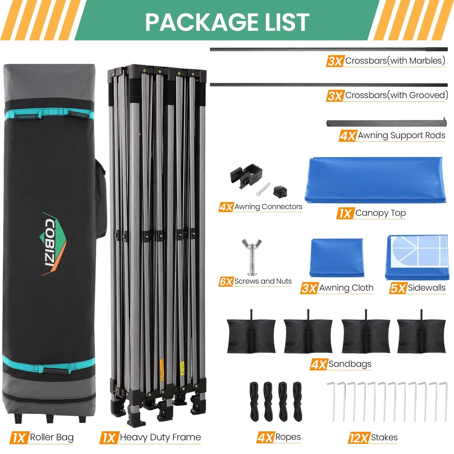 COBIZI 10x30 Pop Up Canopy Heavy Duty Party Tent with Removable Awning and Sidewalls,Easy Up Outdoor Wedding Commercial Canopy,Gazebo All Season Windproof&Waterproof UPF 50+,Blue