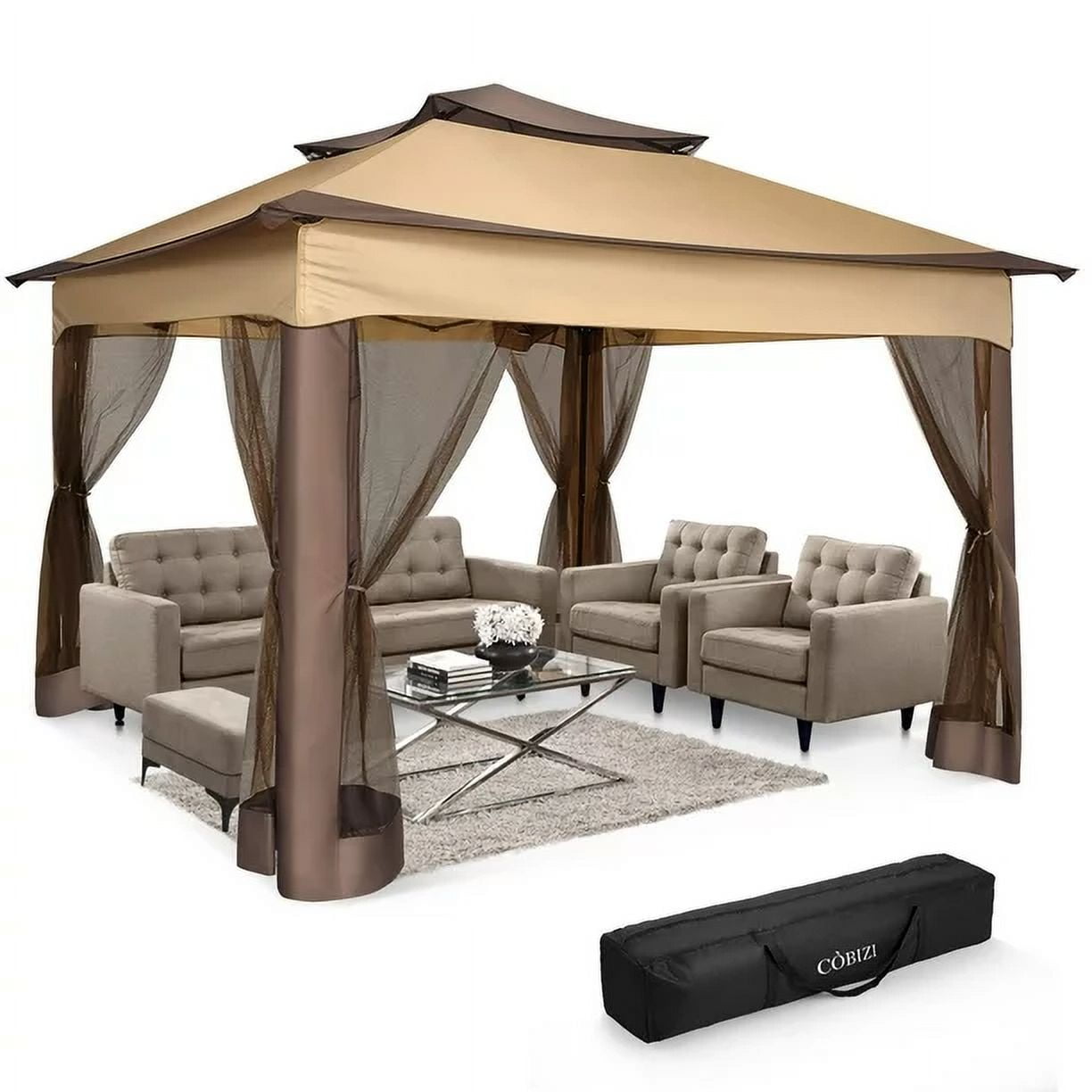 COBIZI Outdoor Canopy Gazebo 11x11 Pop-up Gazebo Patio Gazebo with Mosquito Netting Outdoor Canopy Shelter with 121 Square feet of Shade for Outdoor Lawn, Garden, Party, Backyard and Deck, Brown