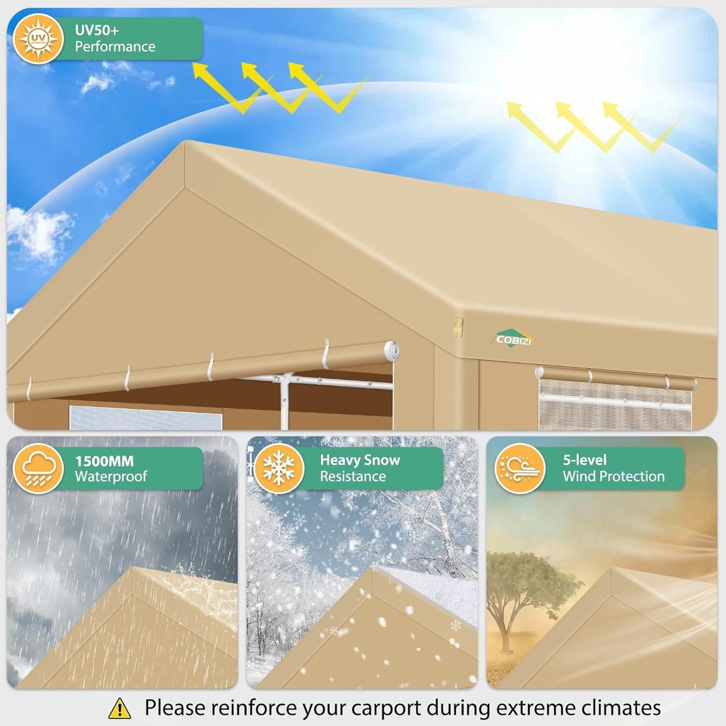 COBIZI 12x20ft Carport Large Heavy Duty Car Tent with Powder-Coated Steel Frame, Portable Garage with Removable Sidewalls & Doors, Car Canopy with All-Season Tarp for Outdoor Party, Birthday, Khaki