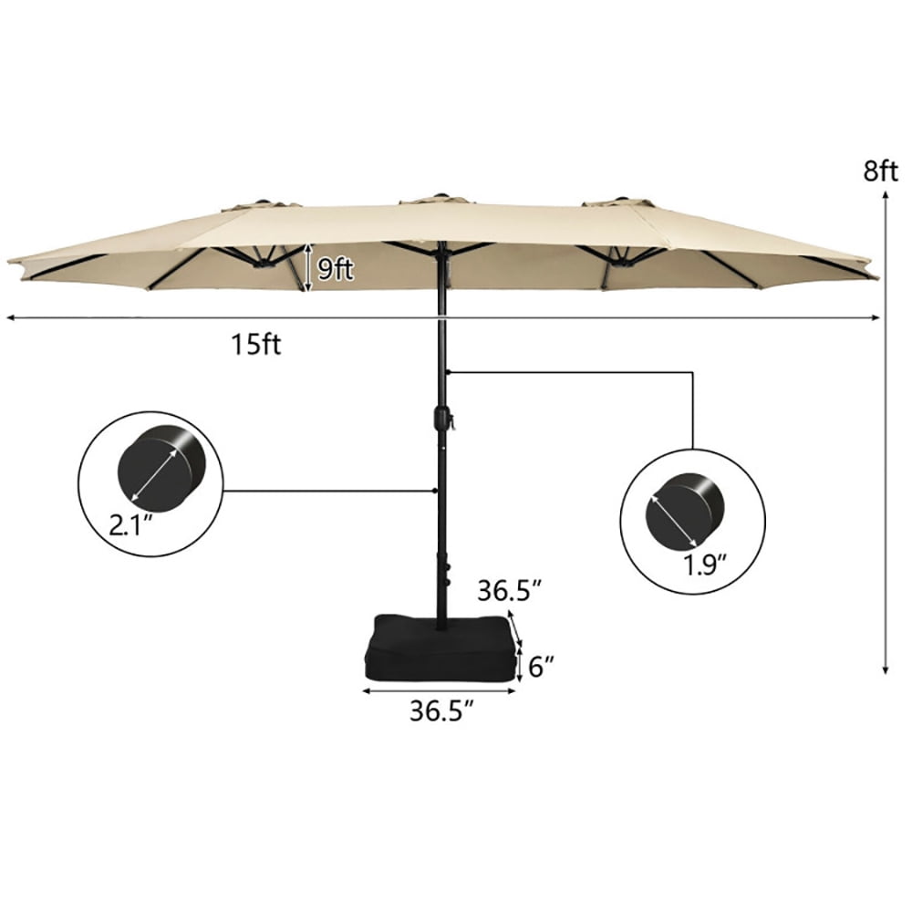 GVN 15 Feet Double-Sided Twin Patio Umbrella with Crank and Base-Beige, Outdoor Table Umbrella, Outdoor Umbrella, Market Umbrella for Outdoor Patio Backyard Garden Lawn Sun Shade