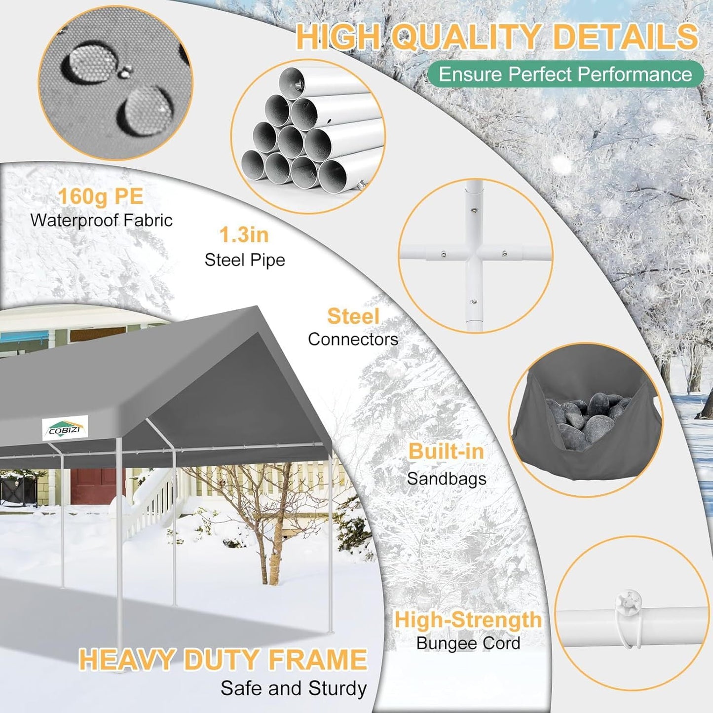 COBIZI 12x20ft Carport Large Heavy Duty Car Tent with Powder-Coated Steel Frame, Portable Garage with Removable Sidewalls & Doors, Car Canopy with All-Season Tarp for Outdoor Party, Birthday, Khaki