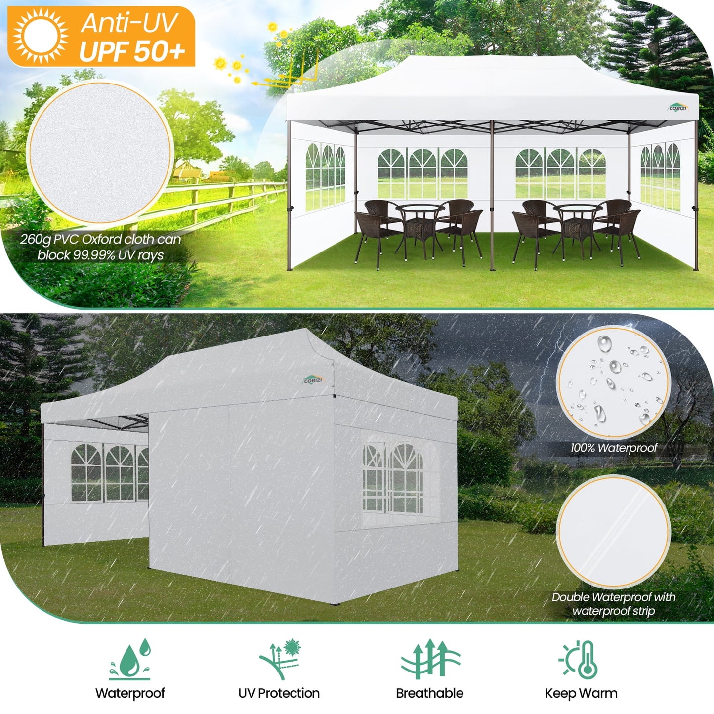 COBIZI 10x20 Pop Up Canopy Tent Heavy Duty with 6 Removable Sidewalls,Commercial Heavy Duty Pop Up Tent for Parties Waterproof and UV 50+ Wedding Tent with Roller Bag(White)