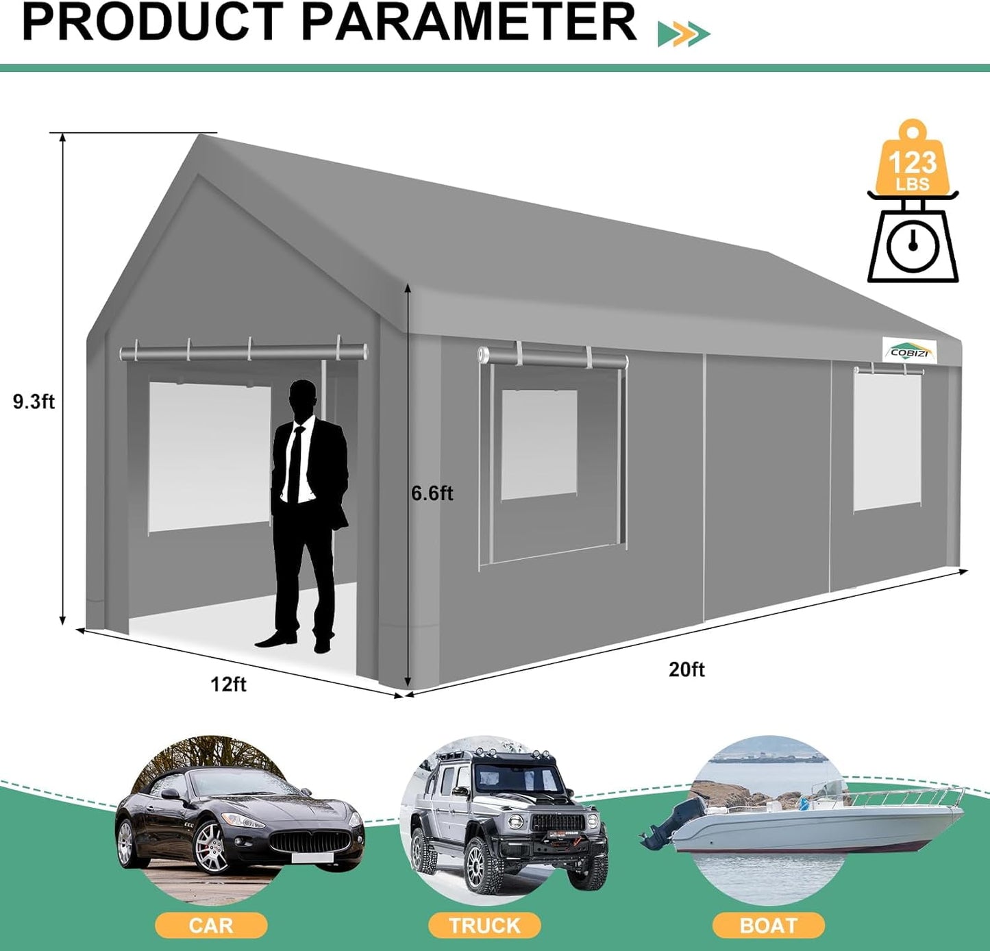 COBIZI Carport 12'x20' Large Heavy Duty Car Tent with Powder-Coated Steel Frame, Portable Garage with Removable Sidewalls & Doors, Car Canopy with All-Season Tarp for Outdoor Party, Birthday, Gray
