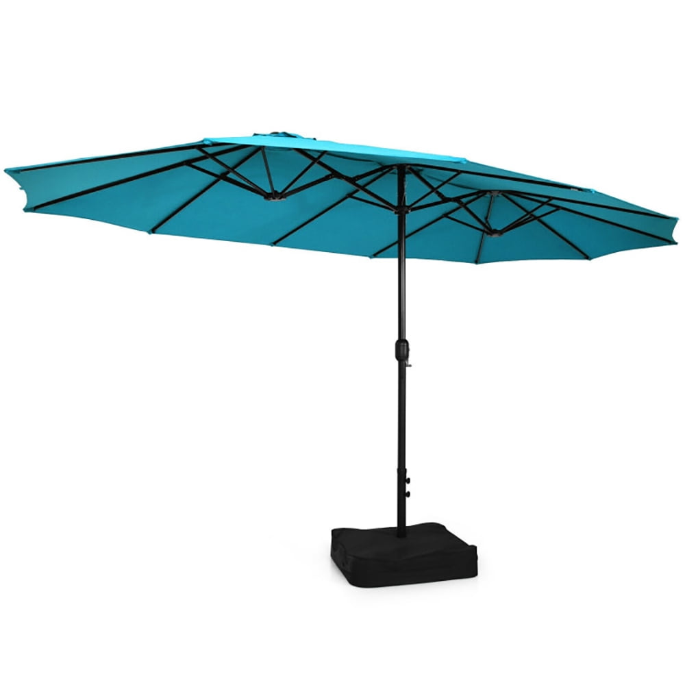 GVN 15 Feet Double-Sided Twin Patio Umbrella with Crank and Base-Turquoise, Outdoor Table Umbrella, Outdoor Umbrella, Market Umbrella for Outdoor Patio Backyard Garden Lawn Sun Shade