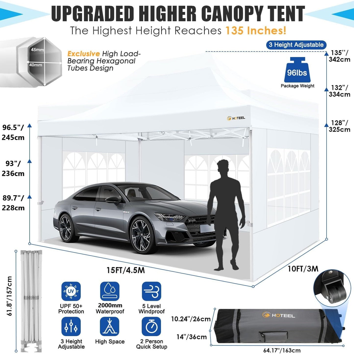 COBIZI 10x15 Canopy Tent with 4 Sidewalls,Heavy Duty Pop Up Canopy Tent for Parties Wedding,Commercial Canopy with Roller Bag,UV 50+&Upgraded Waterproof,Thickened Legs,White