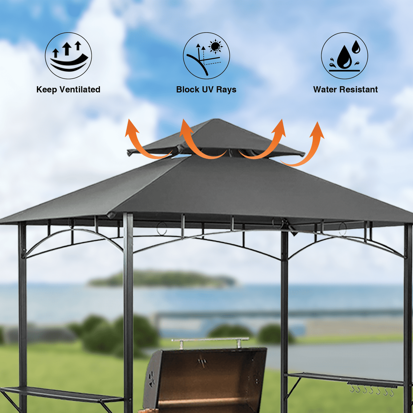 Grezjxc Grill Gazebo 8 x 5 Double Tiered Outdoor BBQ Grill Patio Canopy, Backyard Barbeque Tent with Extra Shelves, Gray