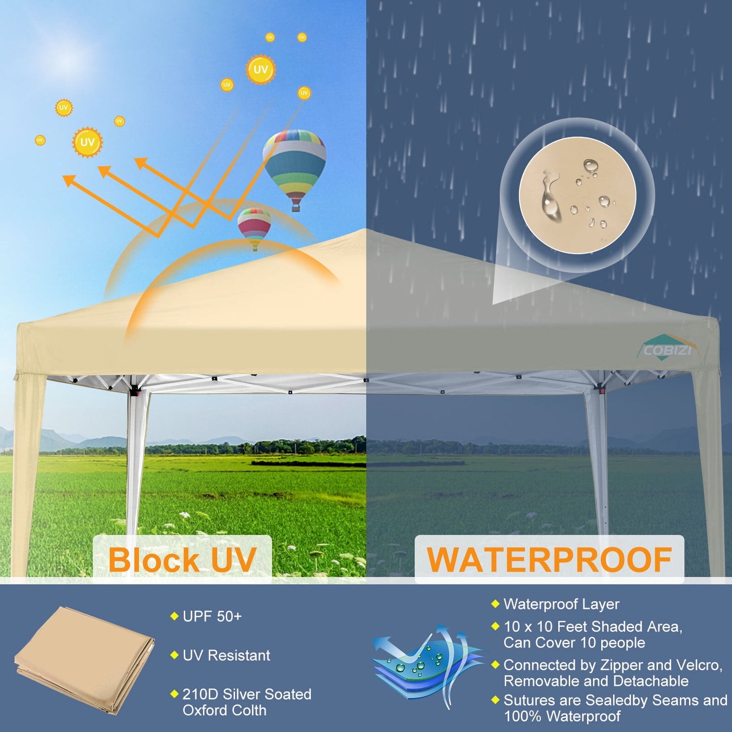 COBIZI 10x10 Ez Pop Up Canopy Tent, Commercial Instant Gazebo Tents for Parties, Waterproof Adjustable Outdoor Patio Backyard Canopy Party Tent,Khaki