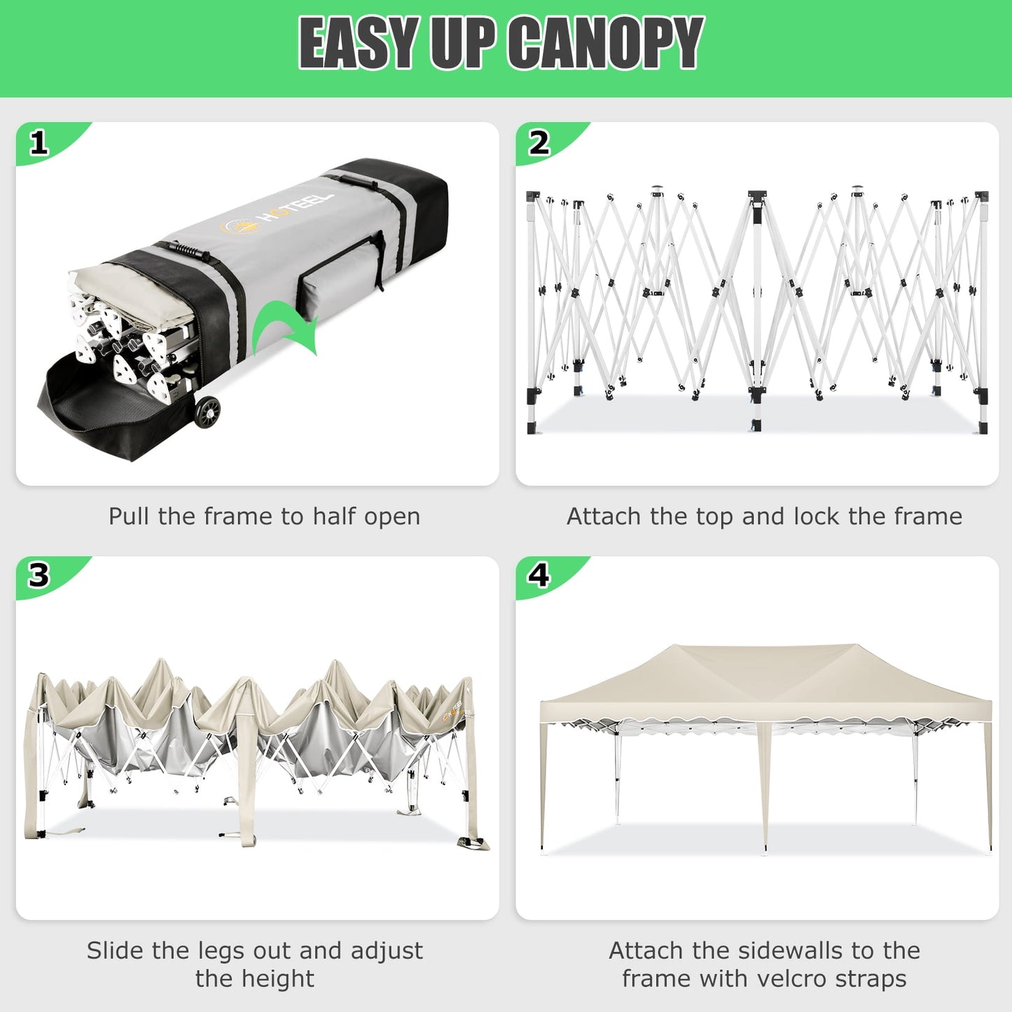 COBIZI 10x20 Canopy Tent Pop Up Canopy, Outdoor Shade Tent with Wheeled Bag & Curled Edge Fully Waterproof, Portable Event Tents for Parties, Wedding, Backyard, Camping,khaki