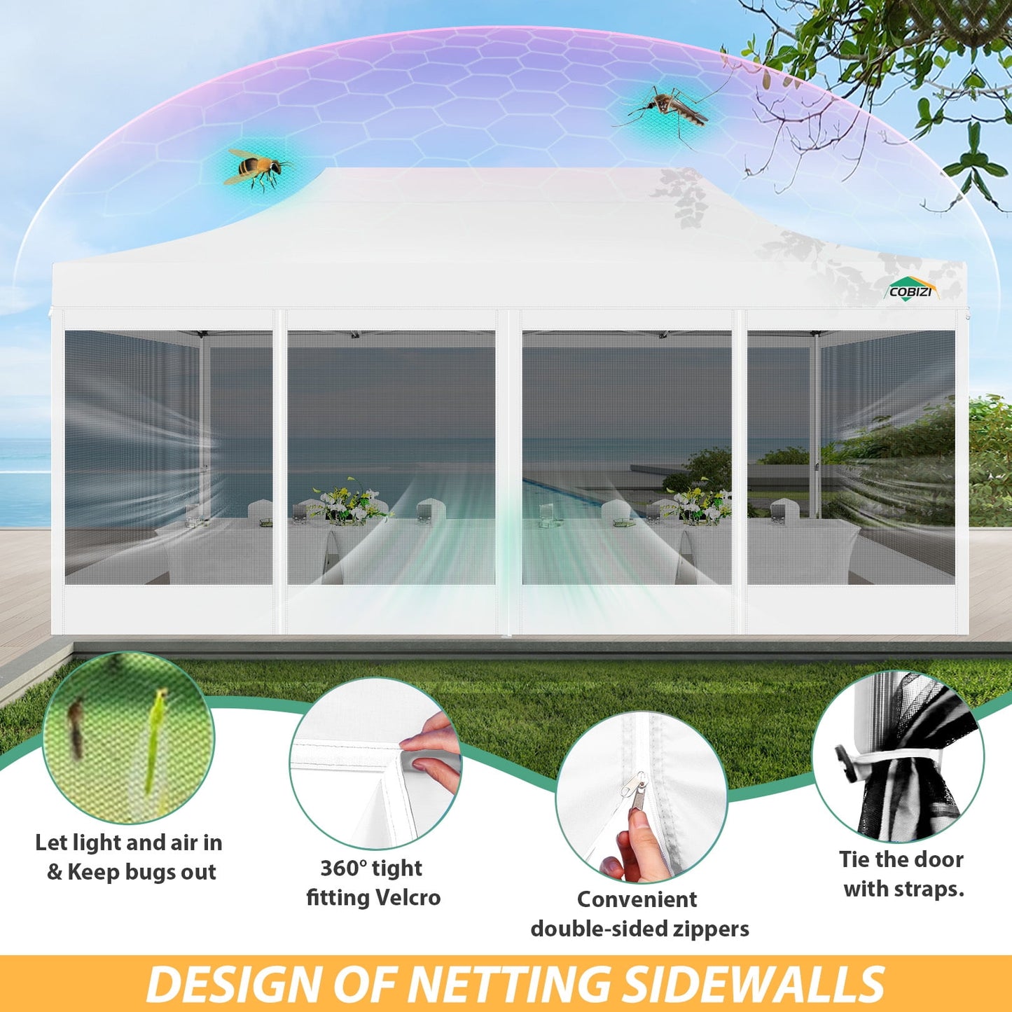 COBIZI 10x20 Heavy Duty Pop up Canopy with Mosquito Net,Instant Outdoor Shelter Large Canopy Tent for Outside,Gazebo with Mesh Sidewalls for Party,Backyard,Camping,White