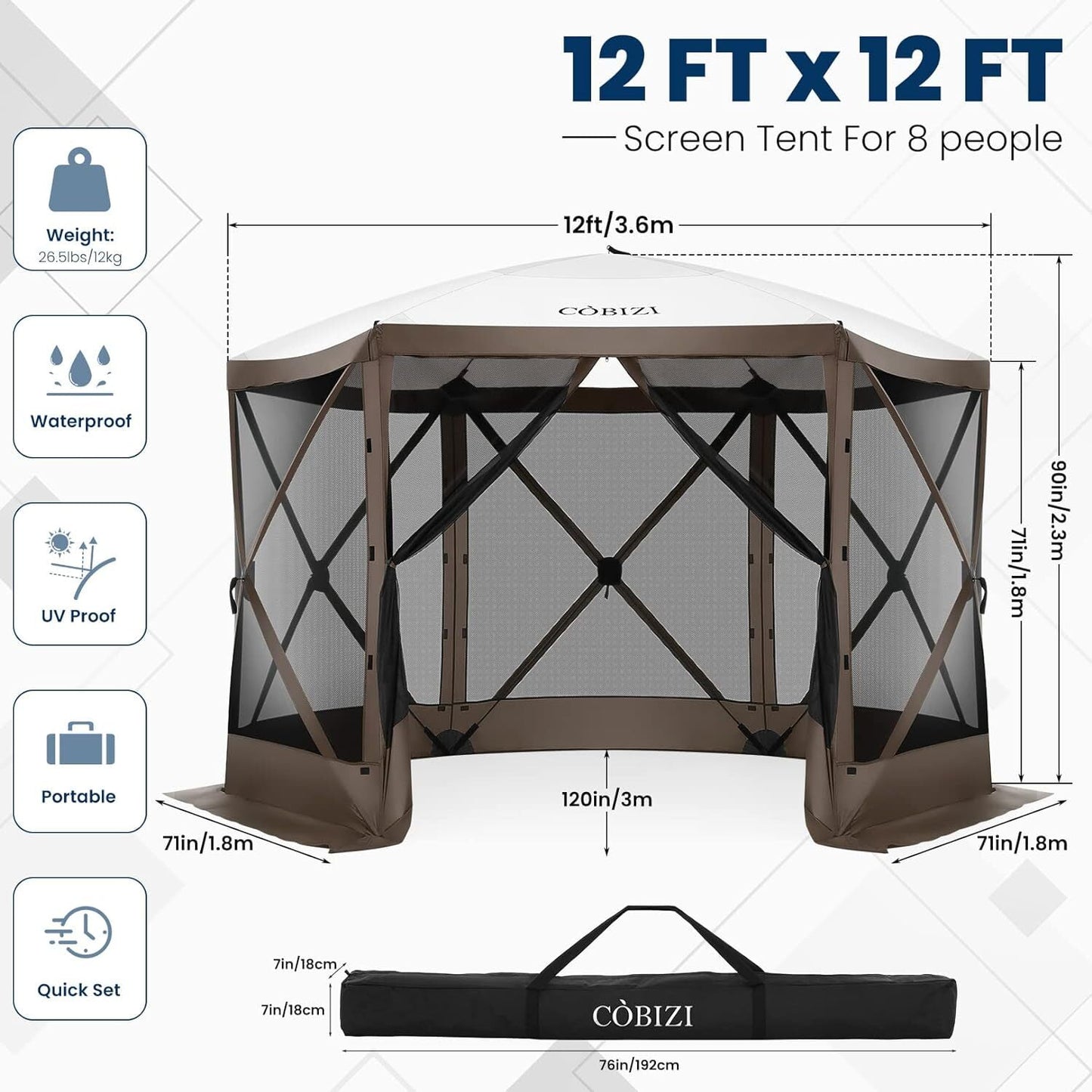 COBIZI 12x12ft Large Pop-up Gazebo, Waterproof Patio Shelter with Sidewalls