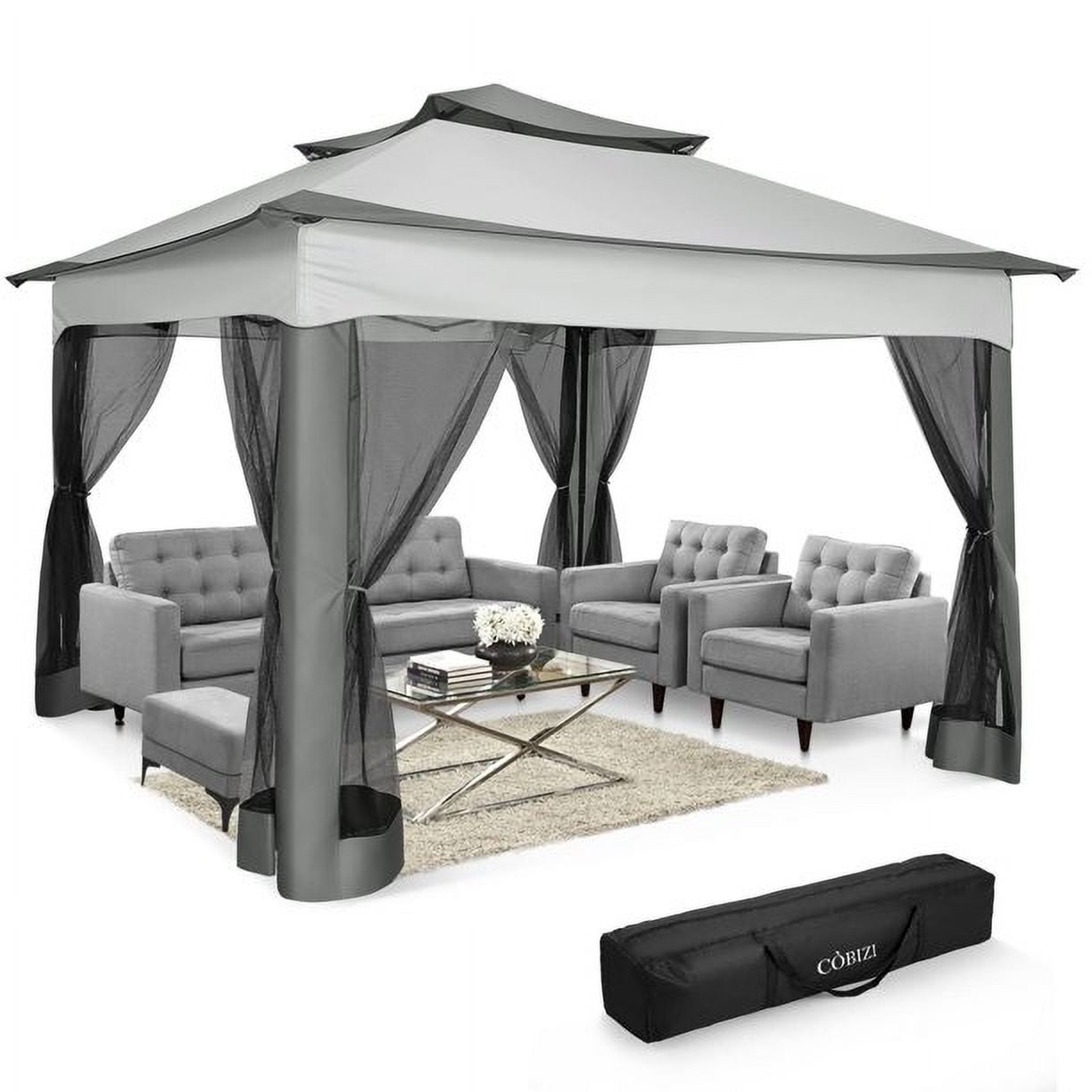 COBIZI Outdoor Canopy Gazebo 11x11 Pop-up Gazebo Patio Gazebo with Mosquito Netting Outdoor Canopy Shelter with 121 Square feet of Shade for Outdoor Lawn, Garden, Party, Backyard and Deck, Gray