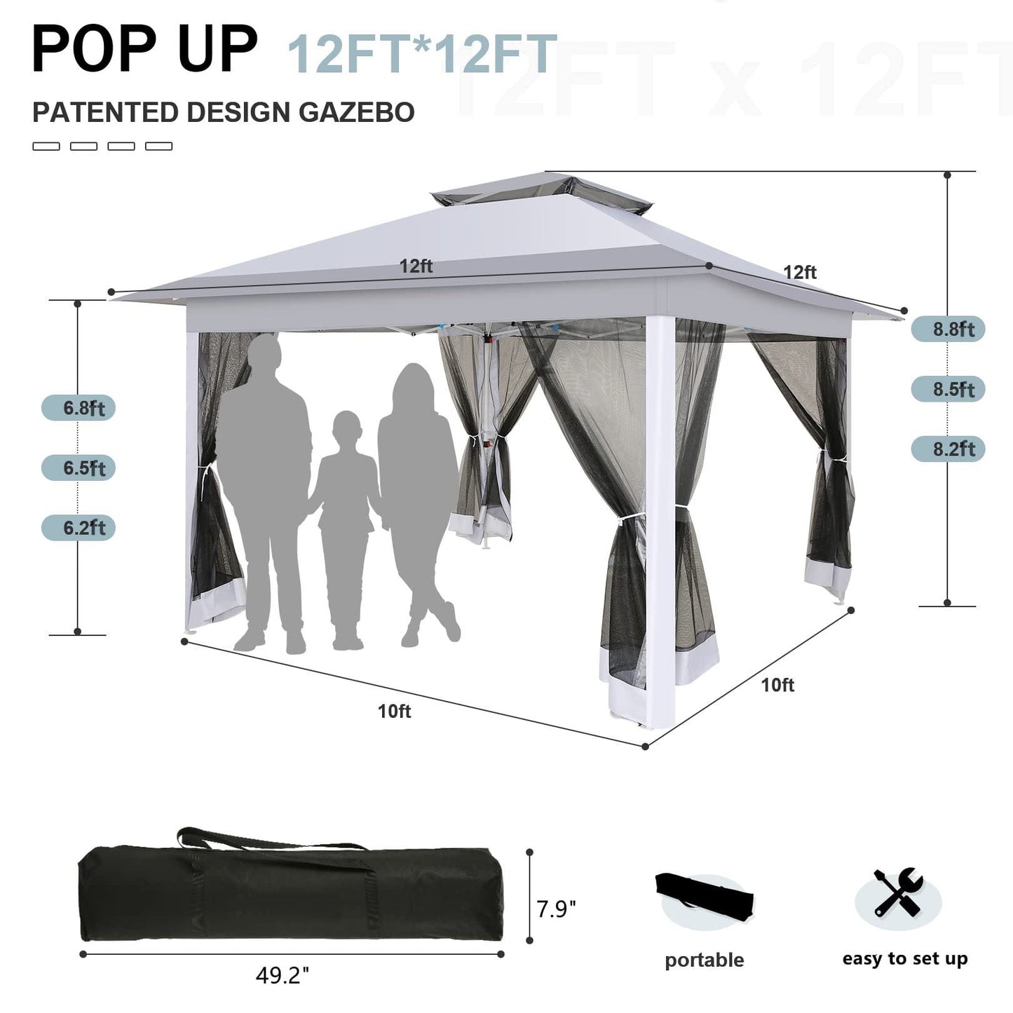 COBIZI 12x12 Outdoor Gazebo, Pop Up Canopy with Mosquito Net, 2-Tier Vented, Patio Tent, 3 Adjustable Height, Gray