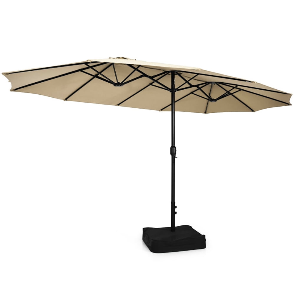 GVN 15 Feet Double-Sided Twin Patio Umbrella with Crank and Base-Beige, Outdoor Table Umbrella, Outdoor Umbrella, Market Umbrella for Outdoor Patio Backyard Garden Lawn Sun Shade