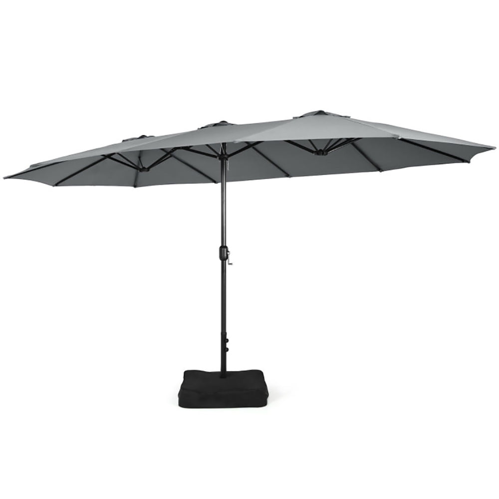 GVN 15 Feet Double-Sided Twin Patio Umbrella with Crank and Base-Gray, Outdoor Table Umbrella, Outdoor Umbrella, Market Umbrella for Outdoor Patio Backyard Garden Lawn Sun Shade