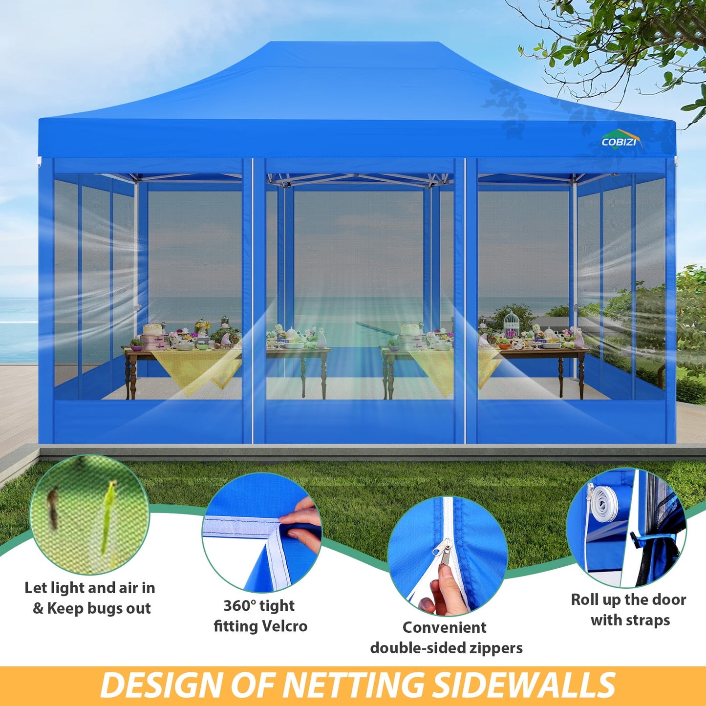 COBIZI 10x15 Heavy Duty Pop up Canopy with Mosquito Net,Instant Outdoor Shelter Large Canopy Tent for Outside,Gazebo with Mesh Sidewalls for Party,Backyard,Camping,Blue