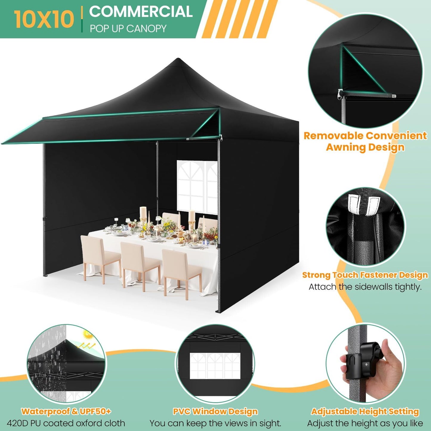 COBIZI 10x10 Pop Up Canopy Heavy Duty Party Tent with Removable Awning and Sidewalls,Easy Up Outdoor Wedding Commercial Canopy,Gazebo All Season Windproof&Waterproof UPF 50+,Black