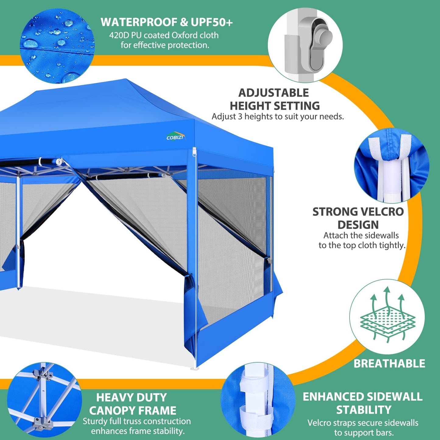 COBIZI 10x15 Heavy Duty Pop up Canopy with Mosquito Net,Instant Outdoor Shelter Large Canopy Tent for Outside,Gazebo with Mesh Sidewalls for Party,Backyard,Camping,Blue