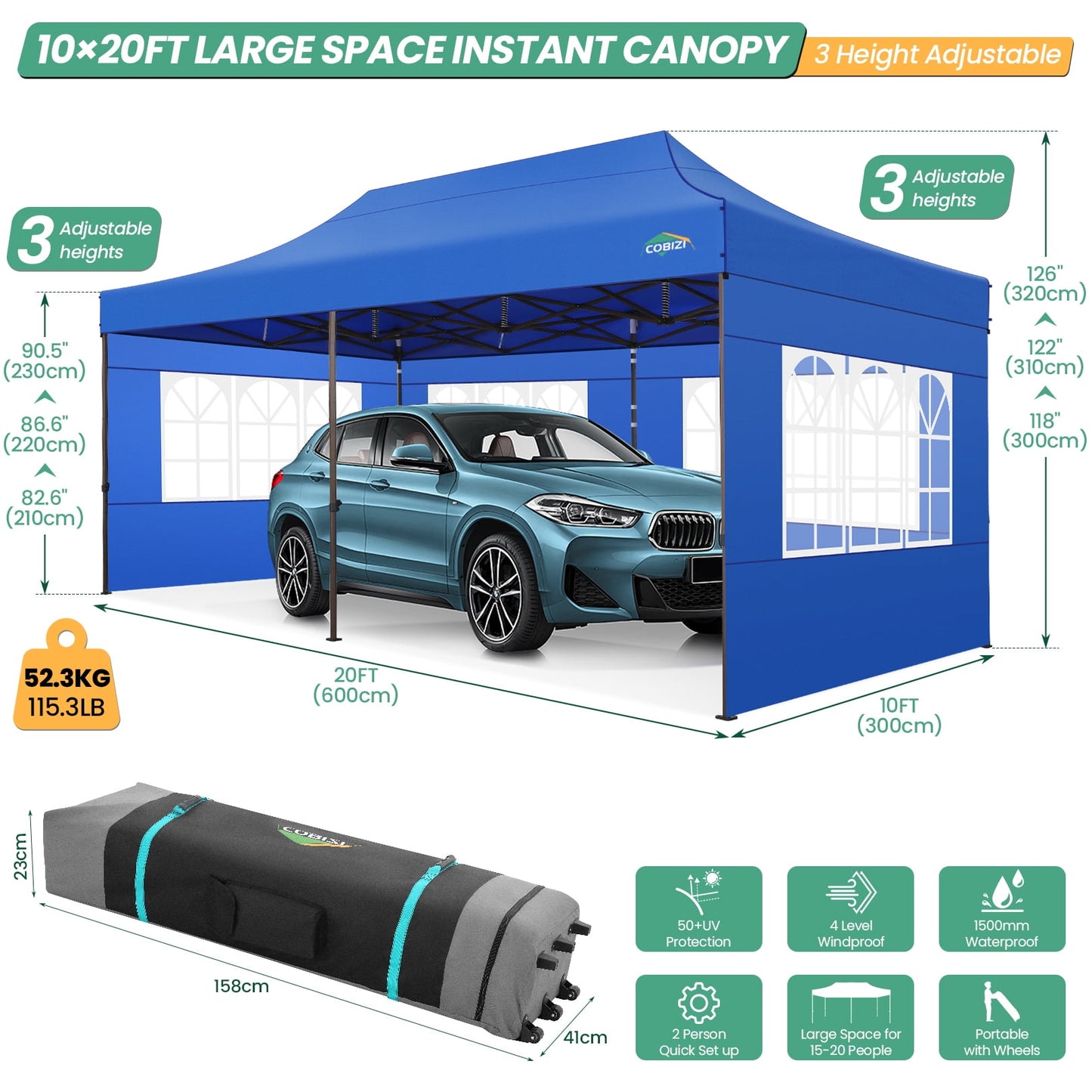 COBIZI 10x20 Pop Up Canopy Tent Heavy Duty with 6 Removable Sidewalls,Commercial Heavy Duty Pop Up Tent for Parties Waterproof and UV 50+ Wedding Tent with Roller Bag(Blue)