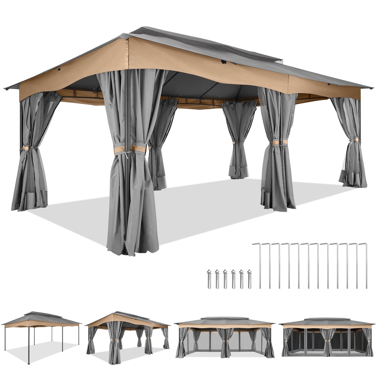 COBIZI 12x20 Heavy Duty Canopy Gazebo Outdoor Gazebo with 6 Netting and Curtains 100% Waterproof Party Wedding Tents with Double Roof and Metal Steel Frame for Backyard, Patio, Lawn, Garden, Brown