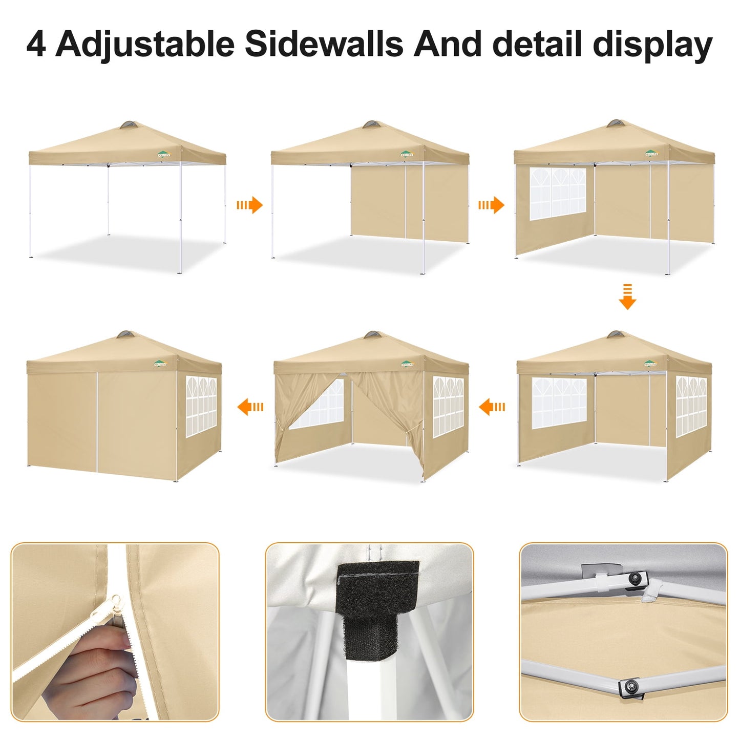 COBIZI 10' x 10' Pop-up Canopy,Easy Pop-up Canopy Tent for Outdoor Waterproof Instant Outdoor Folding Party Tent Shelter with 4 Removable Sidewalls,Air Vent, 4 Sandbags, Carrying Bag, Black