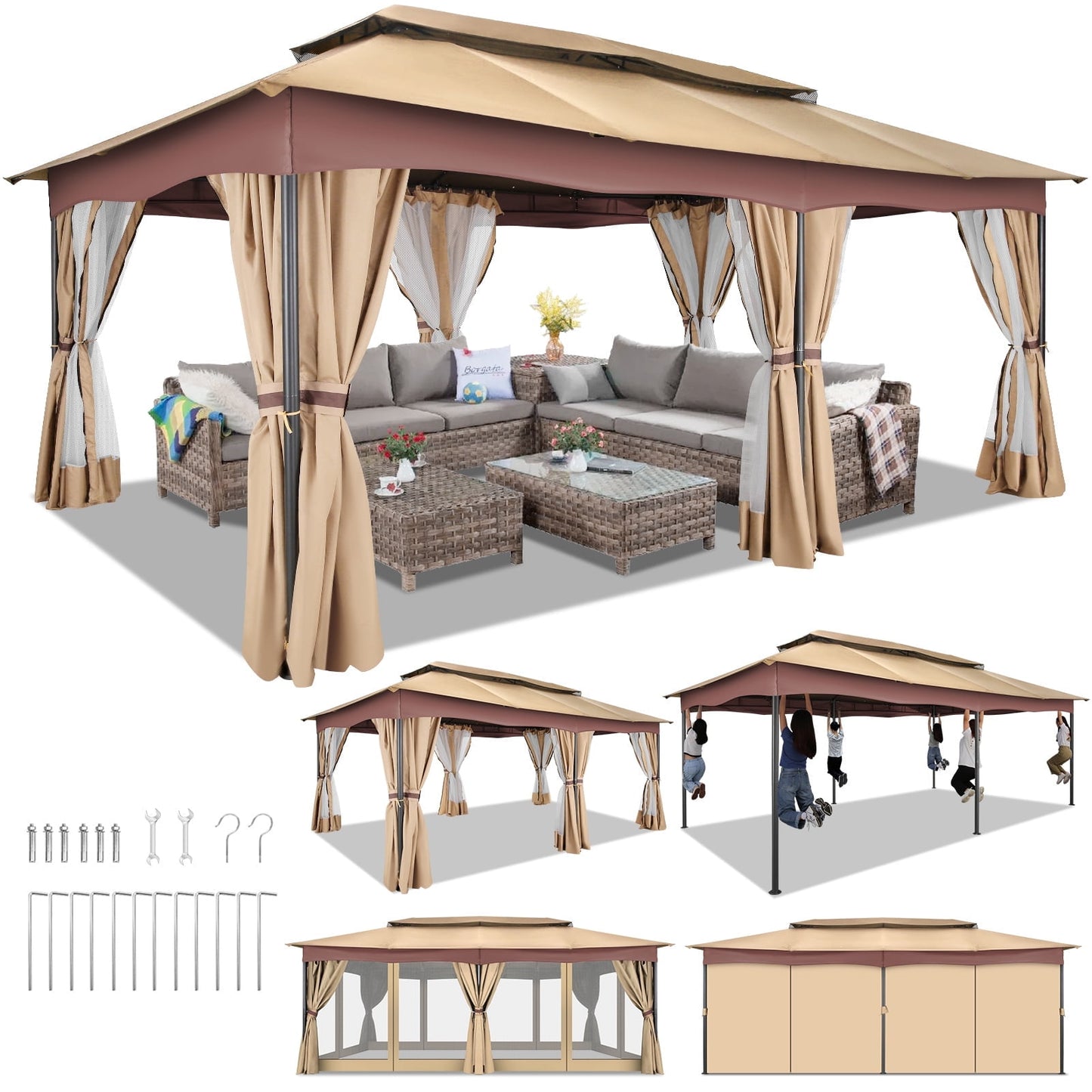 Hoteel Outdoor Gazebo 12x20 Patio Gazebo with Netting and Curtains Waterproof Gazebo with Double Roof Large Backyard Gazebo with Metal Steel Frame for Backyard, Lawn, Party, Garden, Khaki