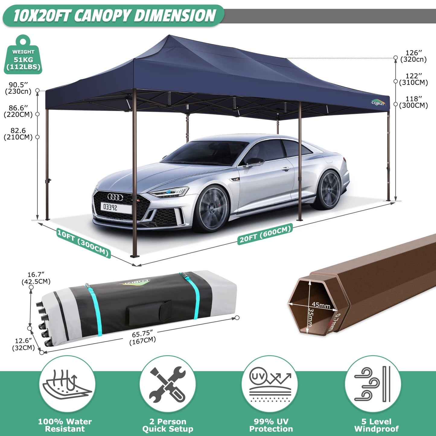 COBIZI 10x20 Pop Up Heavy Duty Canopy Tent with 4 Sandbags, Commercial Pop Up Tent for Parties All Weather Waterproof and UV 50+ Wedding Tent with Roller Bag, Outdoor Gazebo for Patio,dark blue
