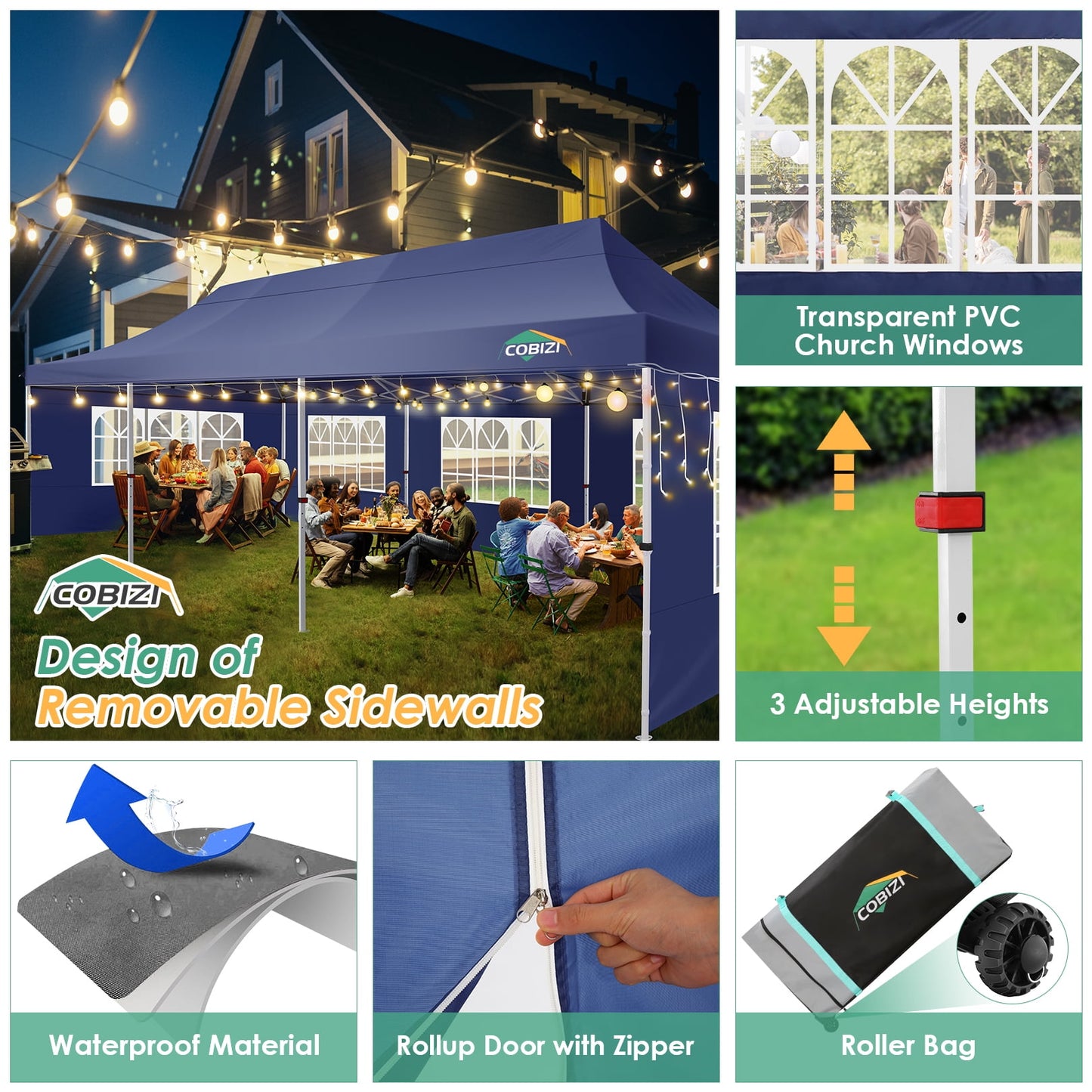 COBIZI 10x30 Pop-up Canopy Outdoor Wedding Party Tent Patio Gazebo Commercial Canopy Tent with Sidewalls Dark Blue