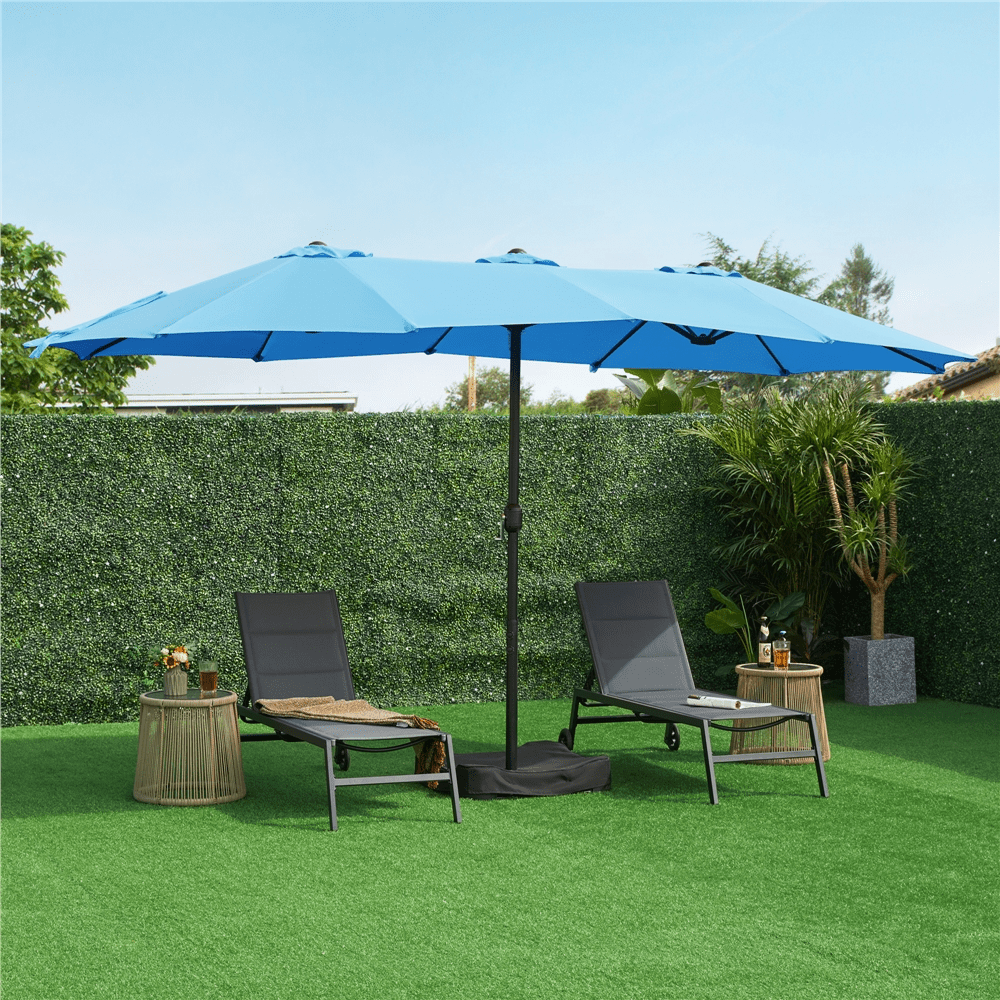Renwick 15ft Double-Sided Twin Patio Outdoor Umbrella with Base, Sky Blue