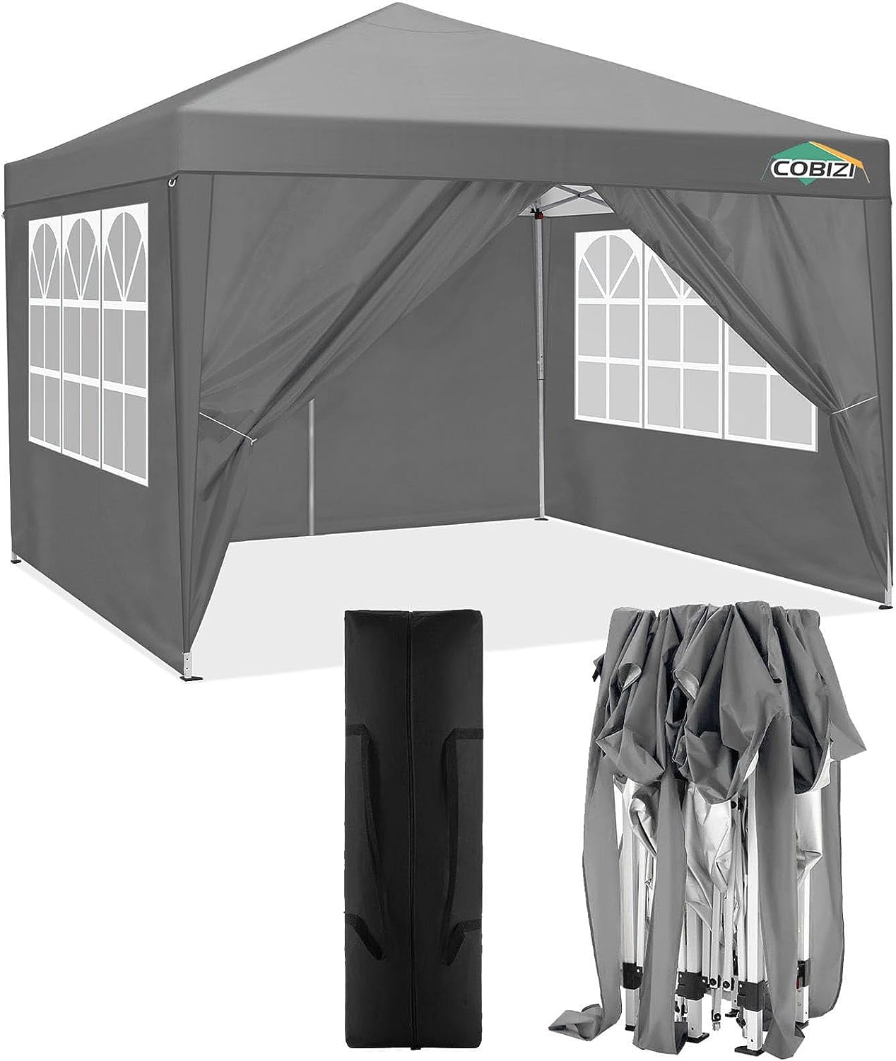 Cobizi 10x10ft Pop-Up Canopy, Waterproof, Outdoor Commercial Shelter with Sidewalls, Gray