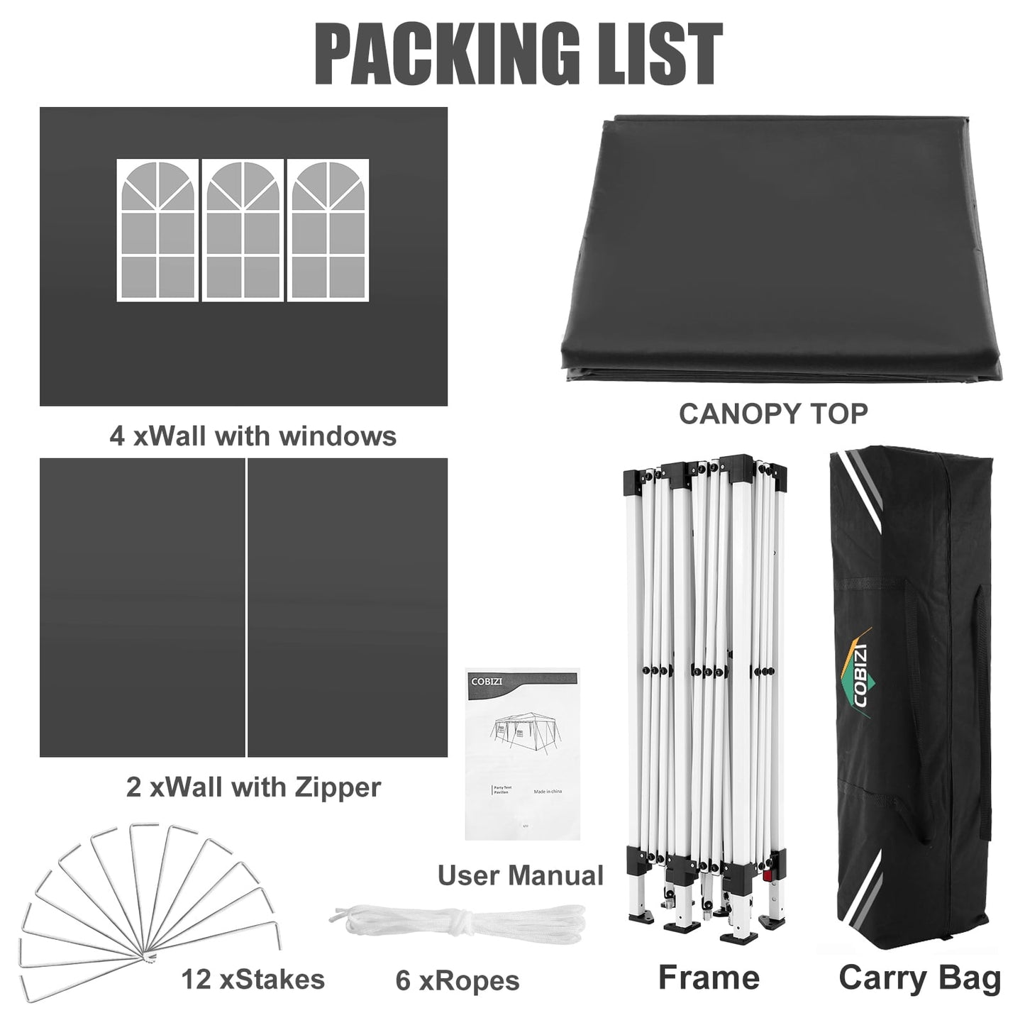 COBIZI 10x20 EZ Pop Up Canopy Tent Party Tent Outdoor Event Protable Instant Shelter Canopy Gazebo with 6 Removable Sidewalls and Carry Bag,Black