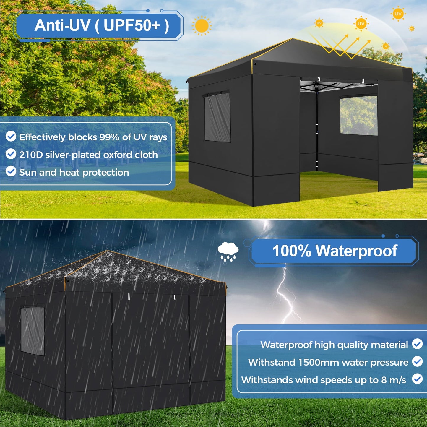 COBIZI 10x10 Pop-up Canopy Tent with 4 Sidewalls and Mesh Windows 2.0, Waterproof Commercial Instant Outdoor Canopy Tents for Party/Exhibition/Picnic with Carry Bag,4 Stakes & Ropes,Black