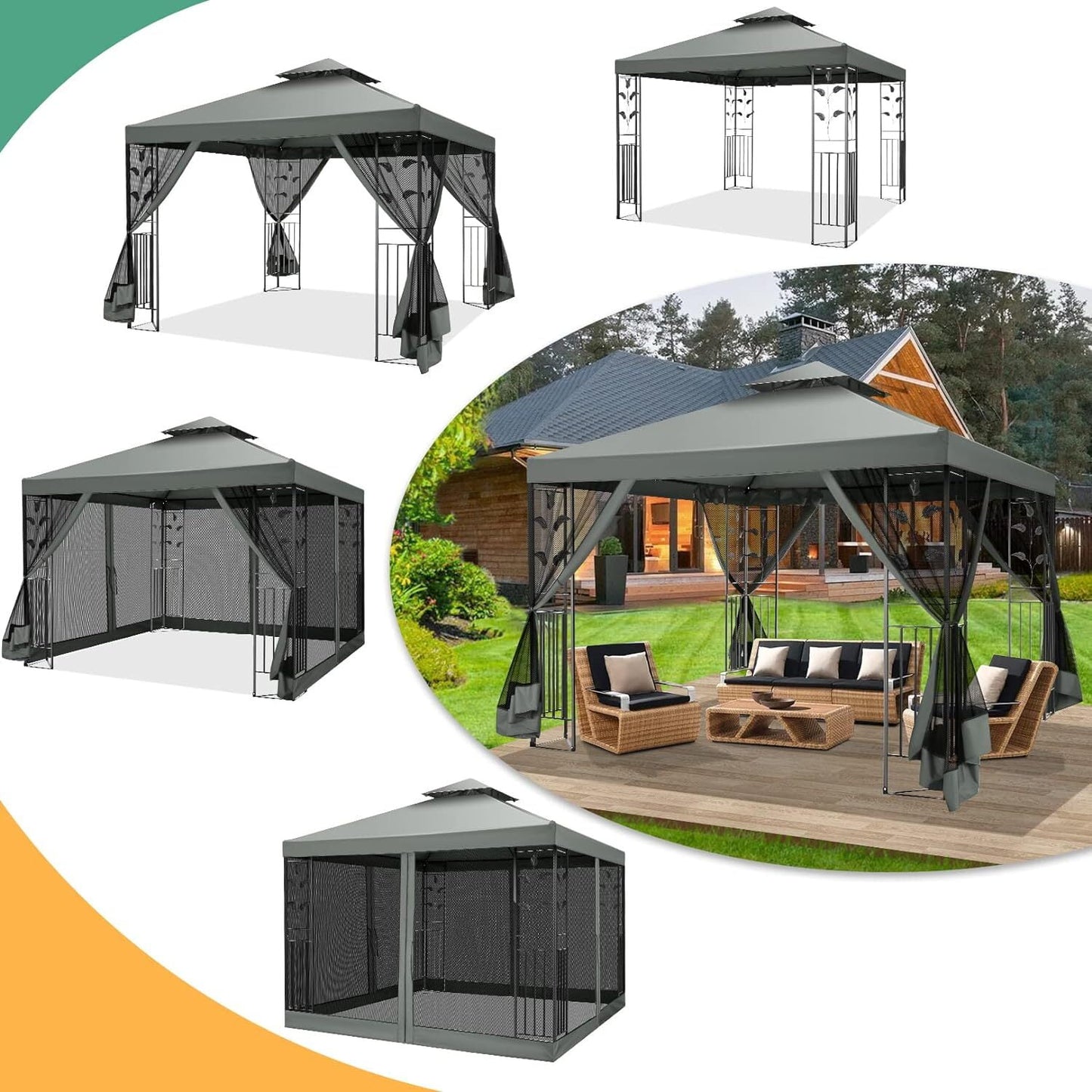 COBIZI Gazebo 10x10 Outdoor Gazebo Patio Gazebo with Mosquito Netting, Heavy Duty Gazebo Double Roof Outdoor Canopy with Sturdy Metal Frame Gazebo Tent for Patio, Deck, Backyard (Gray, New)