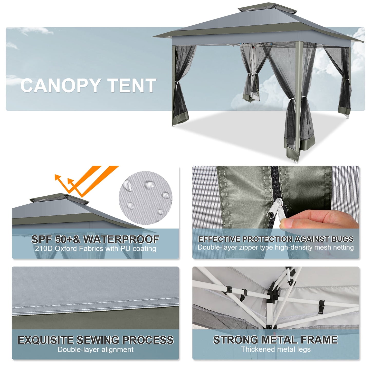 COBIZI 12'x12' Pop-up Gazebo Patio Gazebo Outdoor Gazebo Canopy with Mosquito Netting Patio Tent Backyard Canopy with 2-Tiered Vented Top 3 Adjustable Height and 144 Square Ft of Shade, Dark Gray