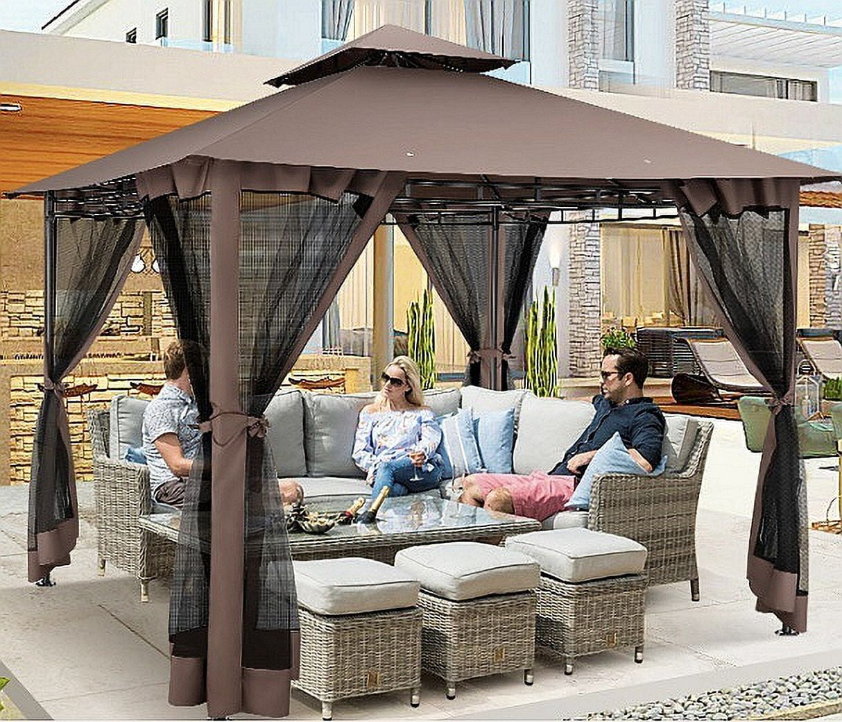 COBIZI Easy Assembly Outdoor Furniture Patio Canopy,10x10 Outdoor Gazebo with Mosquito Netting,Shade Tent for Party, Backyard, Deck, Patio Lawn & Garden,Brown