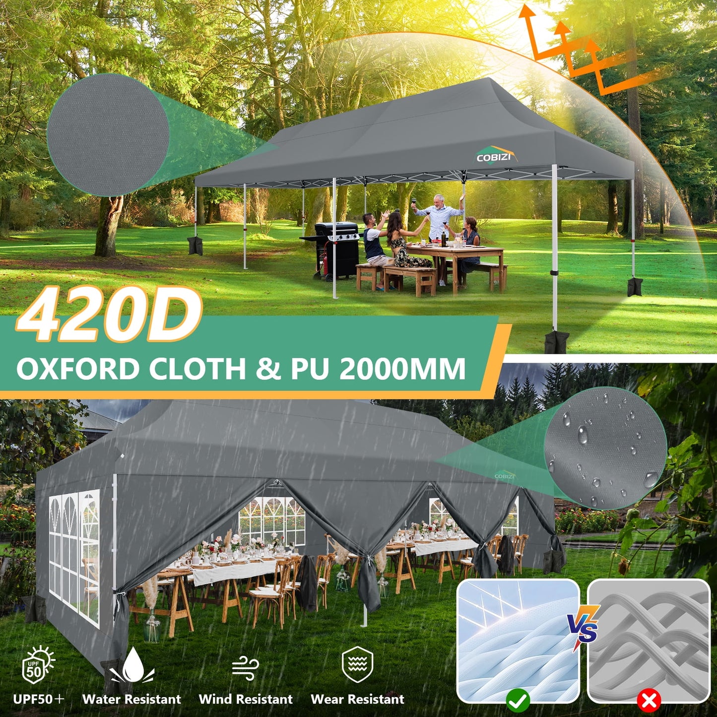 COBIZI 10x30 Pop-up Canopy Outdoor Wedding Party Tent Patio Gazebo Commercial Canopy Tent with Sidewalls Gray