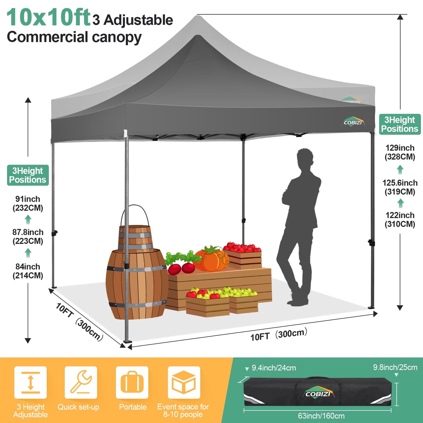 COBIZI 10 x 10 Heavy Duty Pop-up Canopy Tent with Adjustable Height, UPF 50+ Waterproof and Instant Outdoor Shelter, Outdoor Canopy for Beach,Party,Camping Includes 4 Sandbags, and Carrying Bag,Gray
