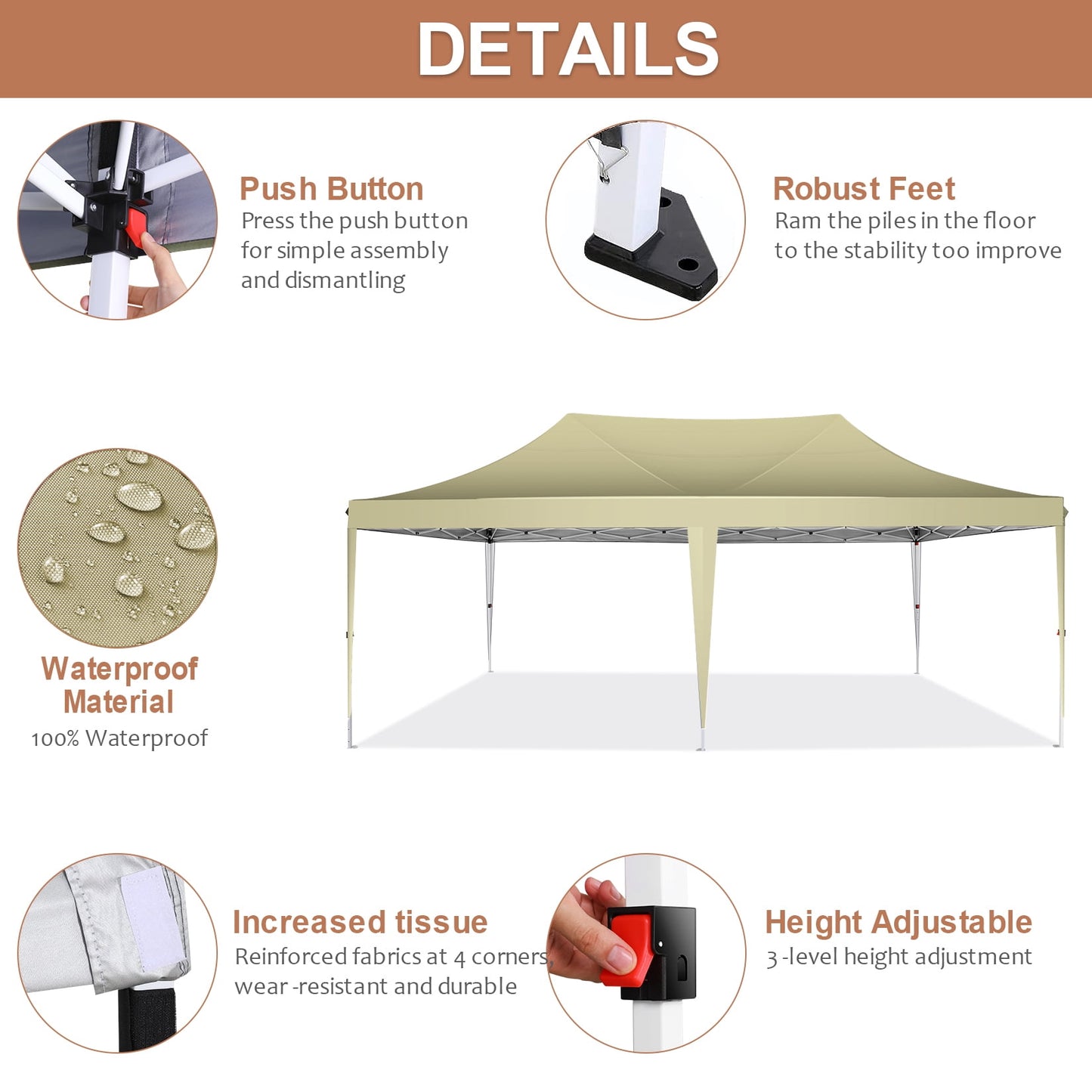 COBIZI 10x20 Pop-up Canopy Tent, Outdoor Events Canopy Tent with 6 Removable Sidewalls,for Backyard, Parties, Wedding, Khaki