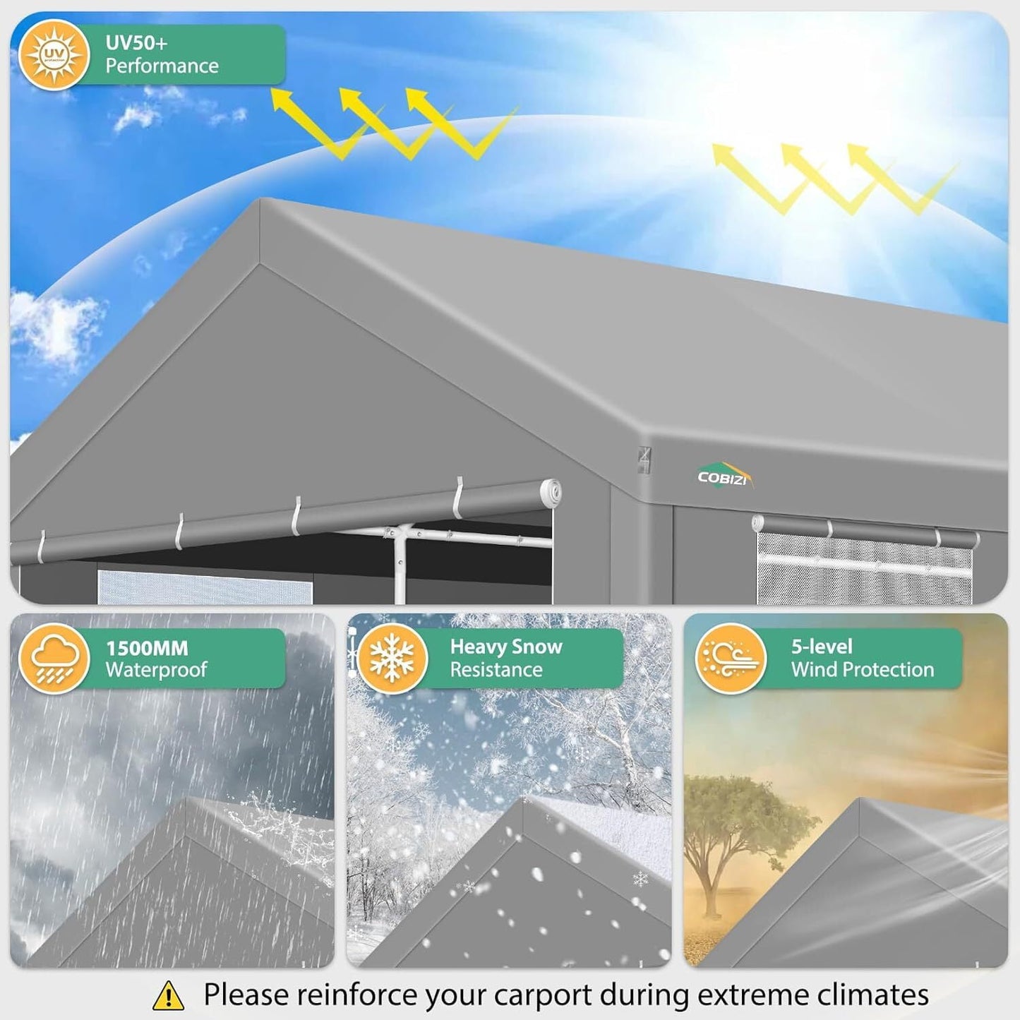 COBIZI 12x20ft Carport Large Heavy Duty Car Tent with Powder-Coated Steel Frame, Portable Garage with Removable Sidewalls & Doors, Car Canopy with All-Season Tarp for Outdoor Party, Birthday, Khaki