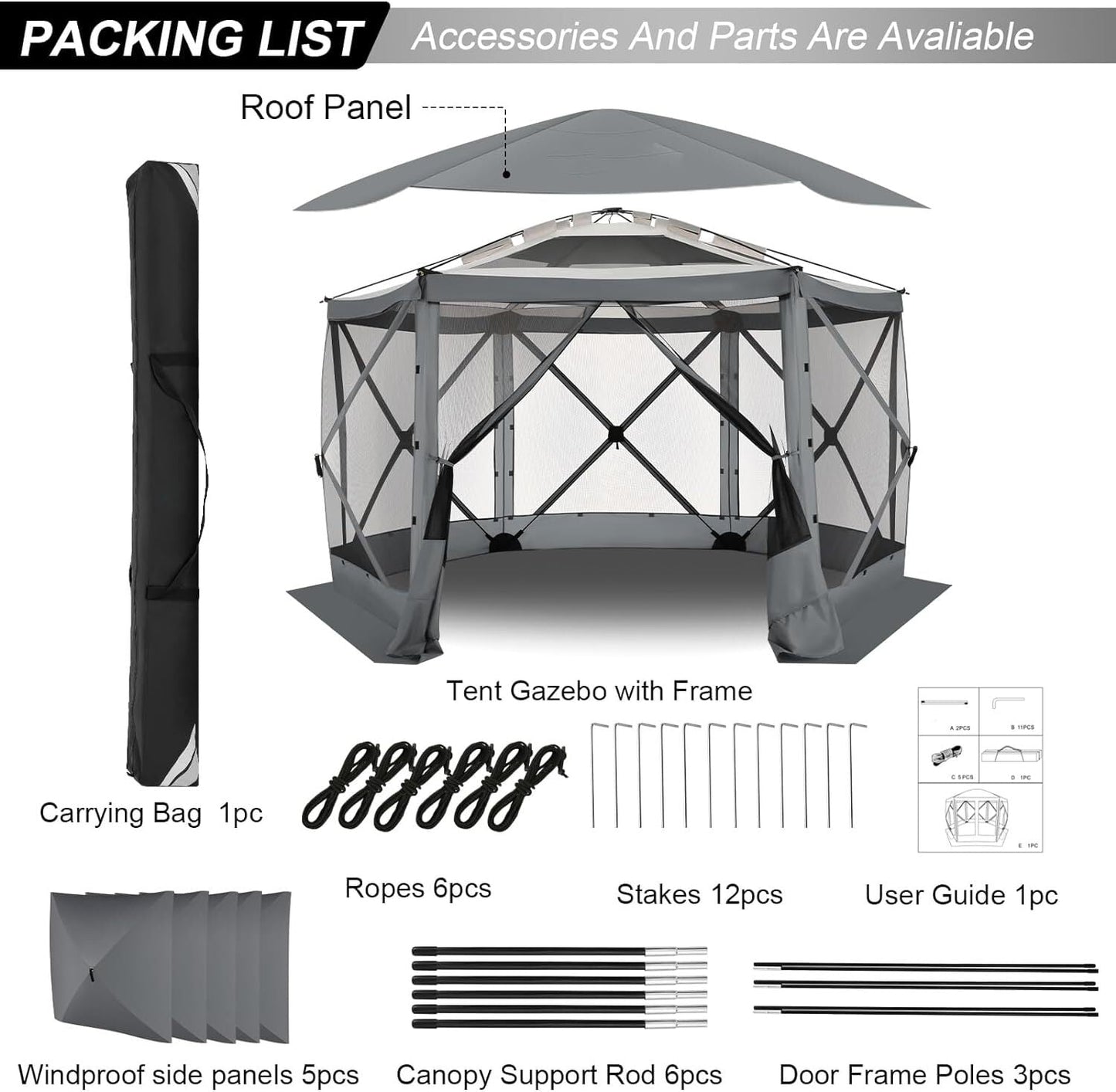 COBIZI Pop up Gazebo Screen Tent Screen House for Camping,12x12 Starry Sky Gazebo with Removable Roof, Outdoor Screened Gazebo with Sidewalls, Portable Hub Tent with Carry Bag and Ground Stakes,Gray