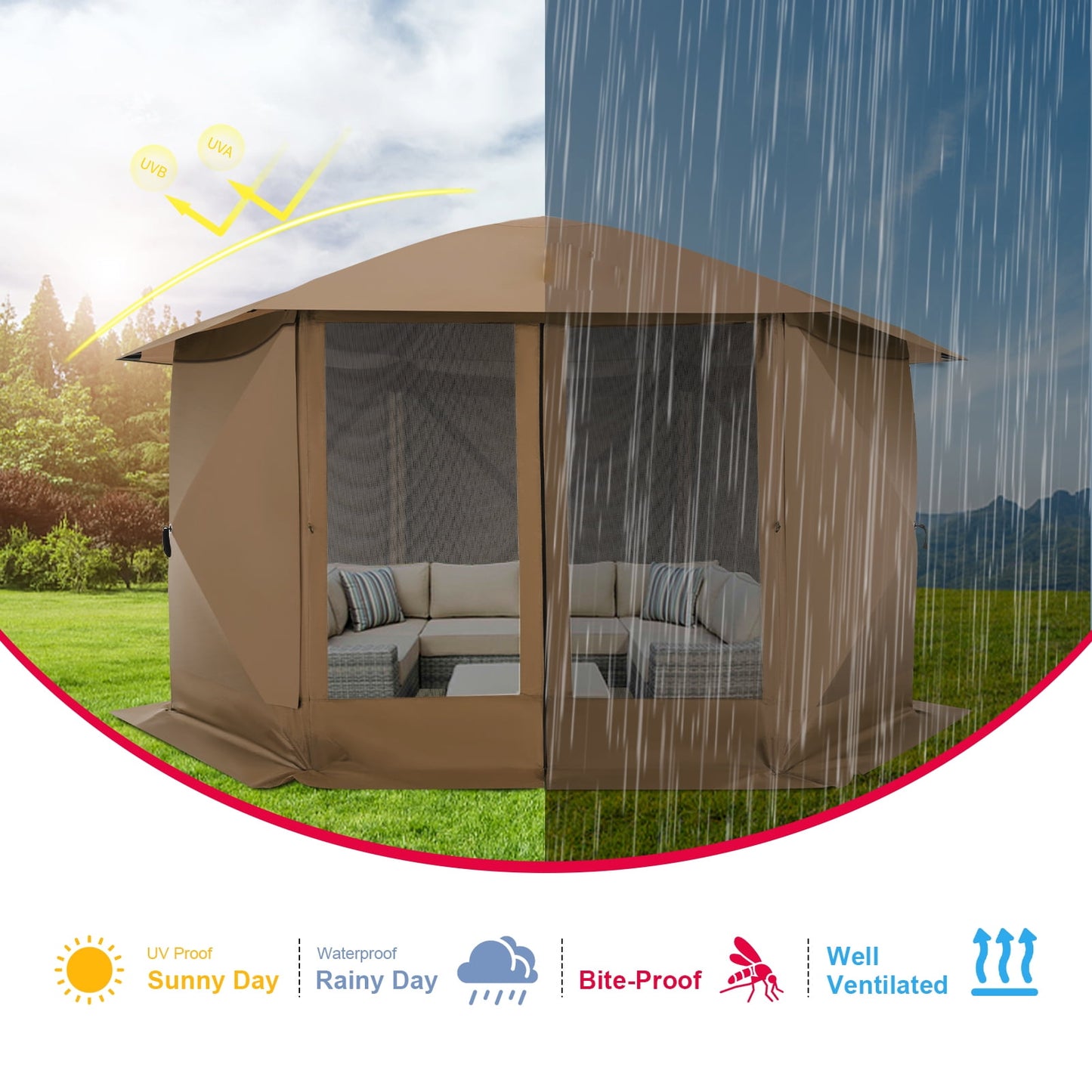 COBIZI Pop up Gazebo Screen Tent Screen House for Camping,12x12 Starry Sky Gazebo with Removable Roof, Outdoor Screened Gazebo with Sidewalls, Portable Hub Tent with Carry Bag and Ground Stakes,Brown
