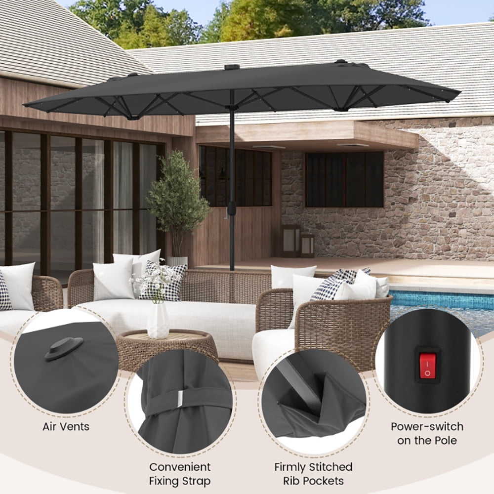 GVN 13FT Double-sided Patio Umbrella with Solar Lights for Garden Pool Backyard-Gray, Patio Offset Umbrella with Easy Tilt Adjustment, Cantilever Patio Umbrellas, Sunshade Umbrella Canopy