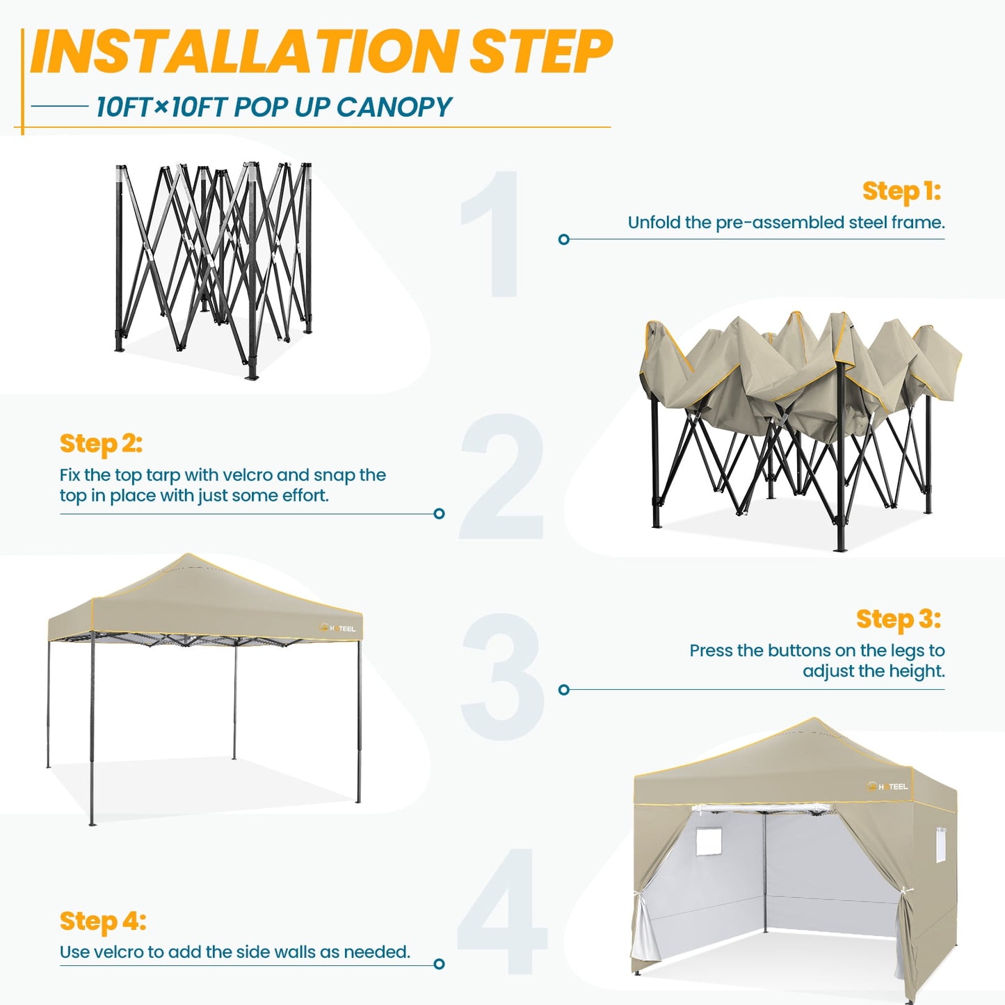 COBIZI 10x10 Pop-up Canopy Outdoor Heavy Duty Tents for Party,Camping,Commercial,Waterproof Gazebo with 4 Removable Sidewalls, Carry Bag, Khaki(Upgraded Frame&Windproof)