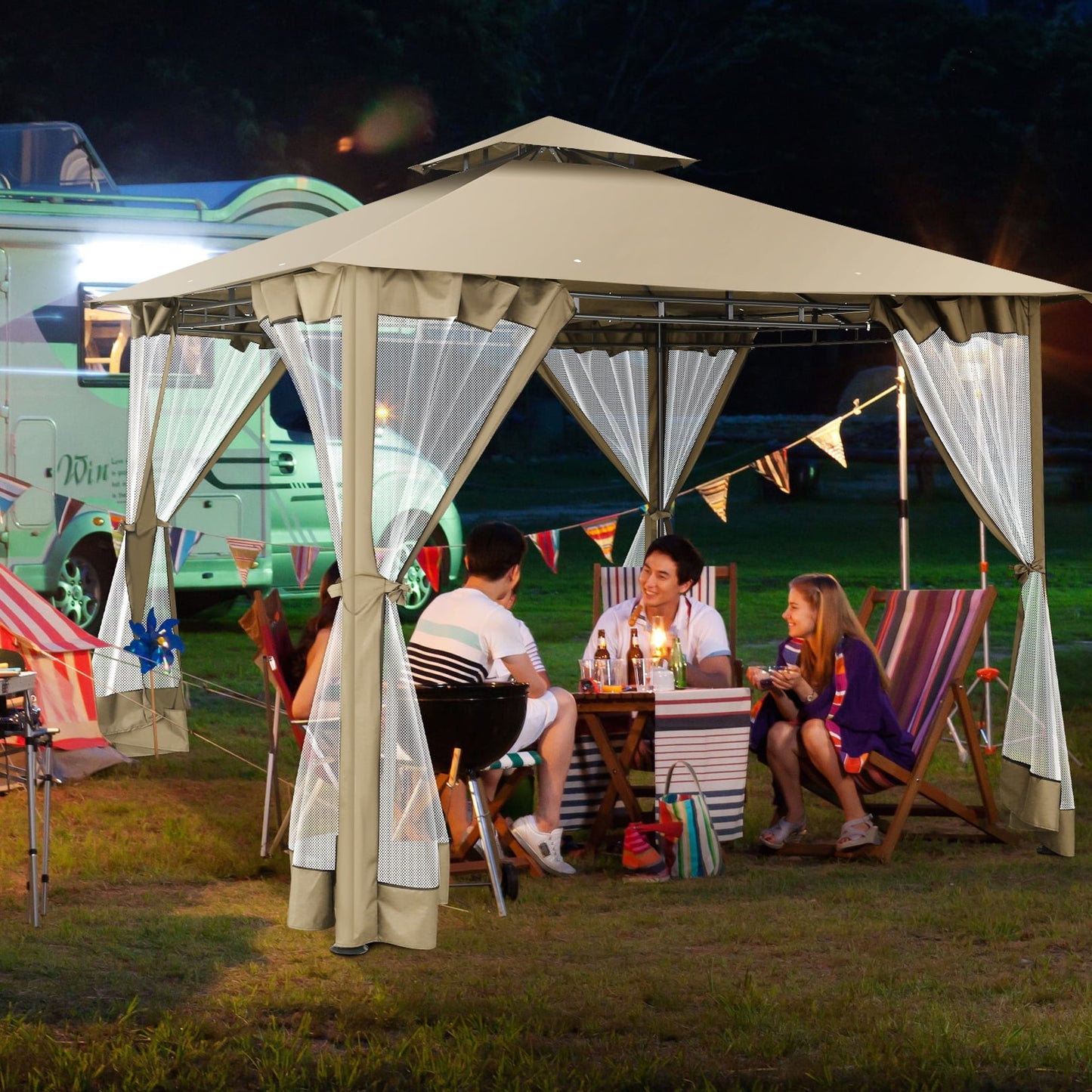 COBIZI Easy Assembly Outdoor Furniture Patio Canopy,10x10 Outdoor Gazebo with Mosquito Netting,Shade Tent for Party, Backyard, Deck, Patio Lawn & Garden,Khaki