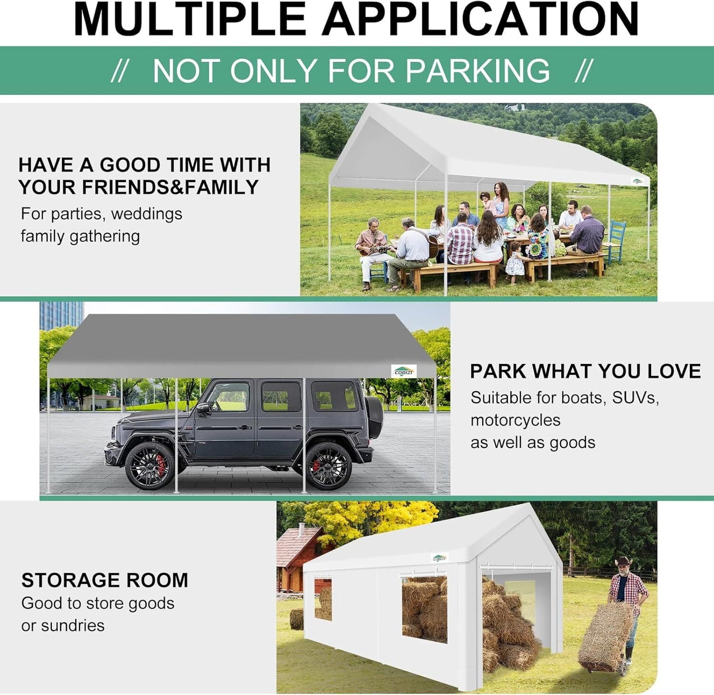 COBIZI 12x20ft Carport Large Heavy Duty Car Tent with Powder-Coated Steel Frame, Portable Garage with Removable Sidewalls & Doors, Car Canopy with All-Season Tarp for Outdoor Party, Birthday, Khaki