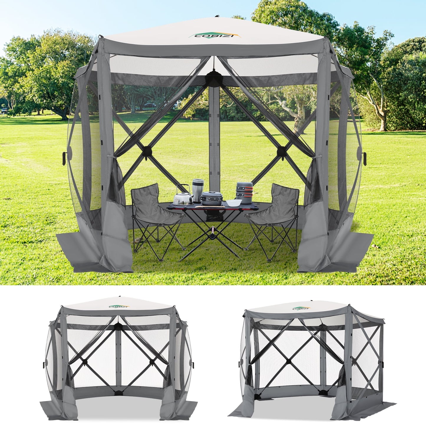 COBIZI 10x10 Pop up Gazebo Screen Tent Screen House for Camping,5 Sided Pop-up Camping Canopy Shelter Tent with Mesh Windows,Portable Outdoor Quick-set Hub Tent with Carrying Bag&Ground Stakes,Gray