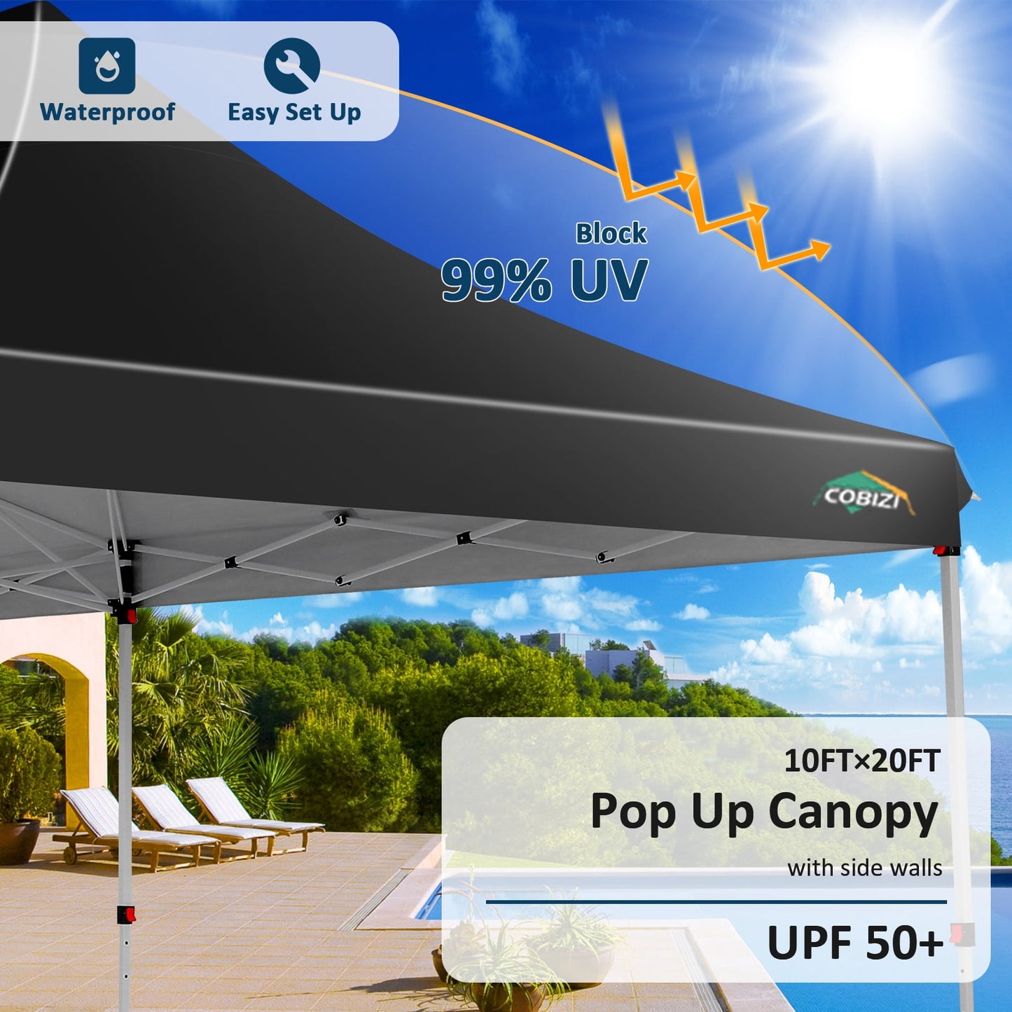 COBIZI 10x20 Pop up Canopy with 6 Removable Sidewalls,Outdoor Waterproof Canopy Tents for Partie Wedding,Instant Sun Protection Shelter with Upgrade Raised Roof and Carry Bag,Black