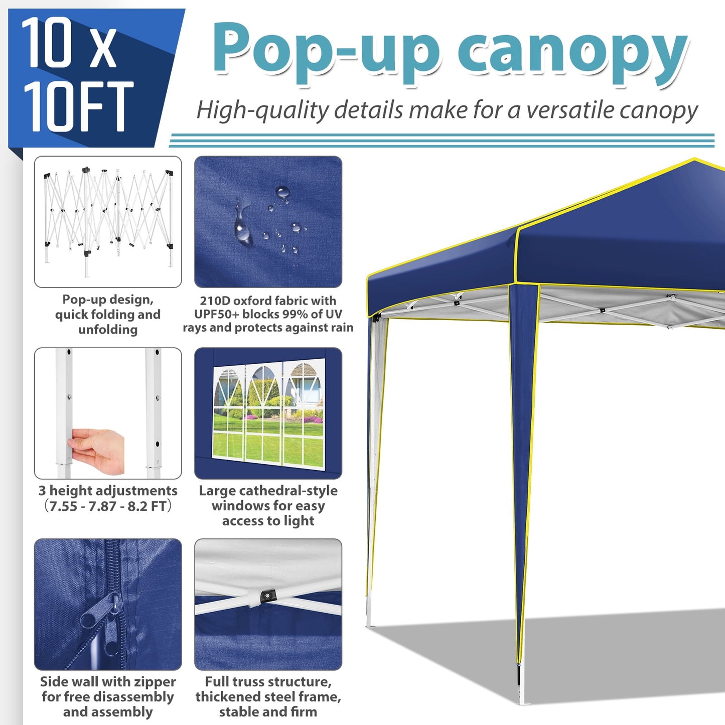 COBIZI 10x10 Pop up Canopy, Easy up Gazebos, Ez up Canopy with Church Window for Parties Beach Party Event Shelter Sun Shade with 4 Sidewalls & Carry Bag 4 Stakes & Ropes & Sandbags, Gray