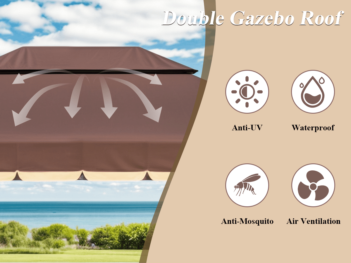 Grezone 10¡Á13 FT Deluxe No Screws Gazebo,Double Roof Outdoor Shelter Tent with Mosquito Nettings and Privacy Screens